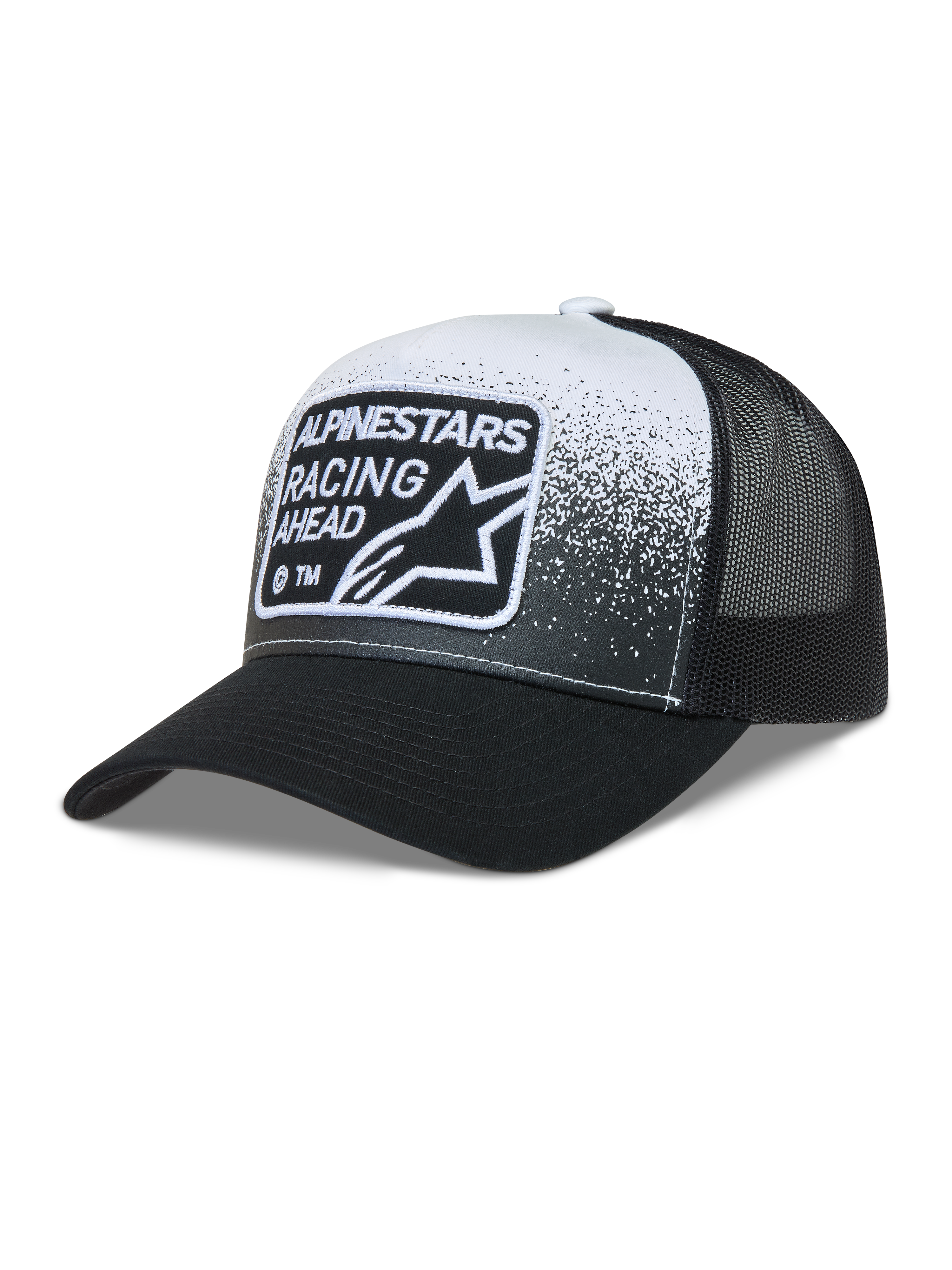 Alpinestars Gravel, gorra estilo trucker negra y blanca con malla, visera curva y parche Racing Ahead.