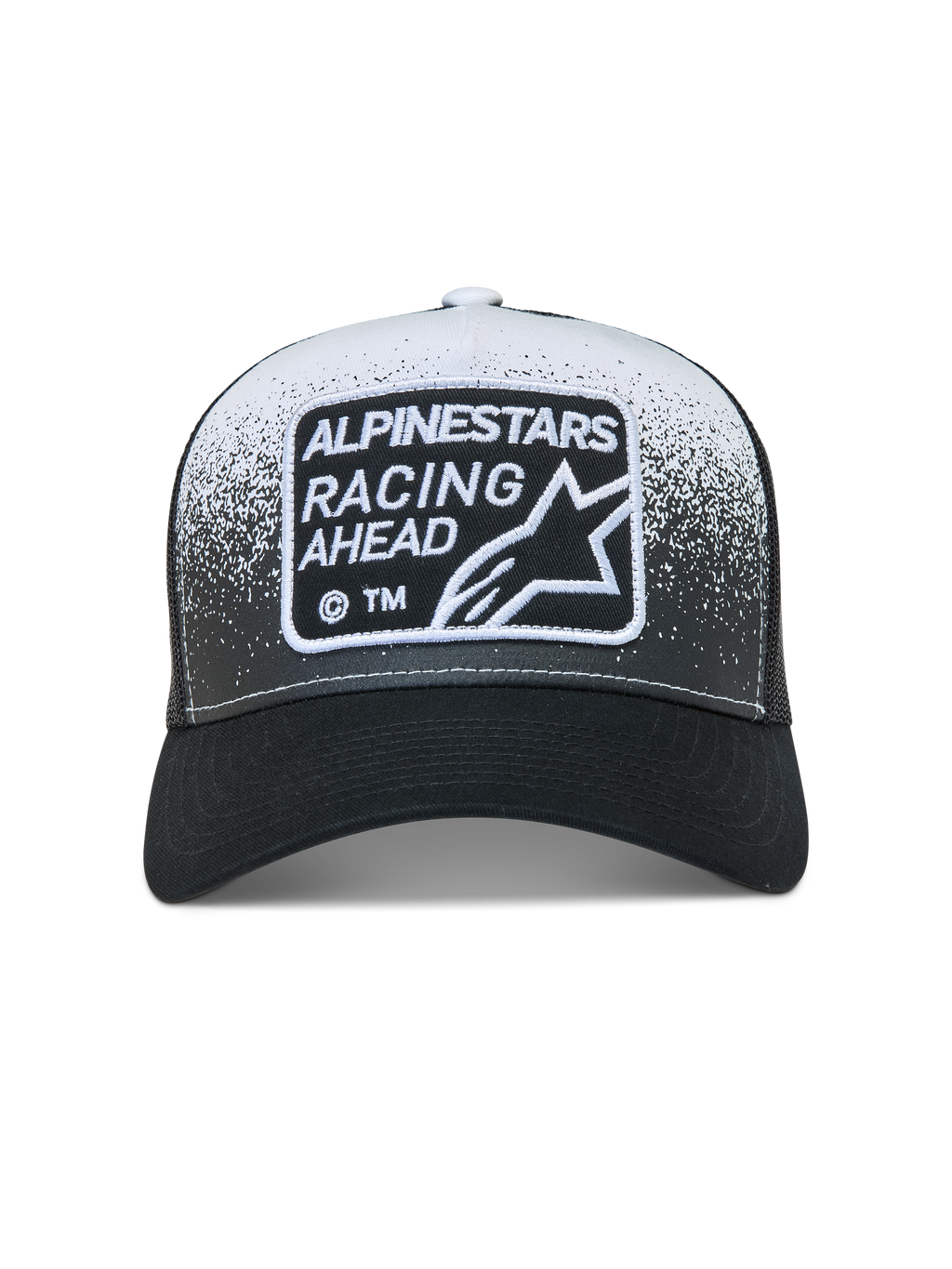 Alpinestars Gravel, gorra tipo trucker negra y blanca, visera curva, malla trasera y parche frontal tejido con textura de grava