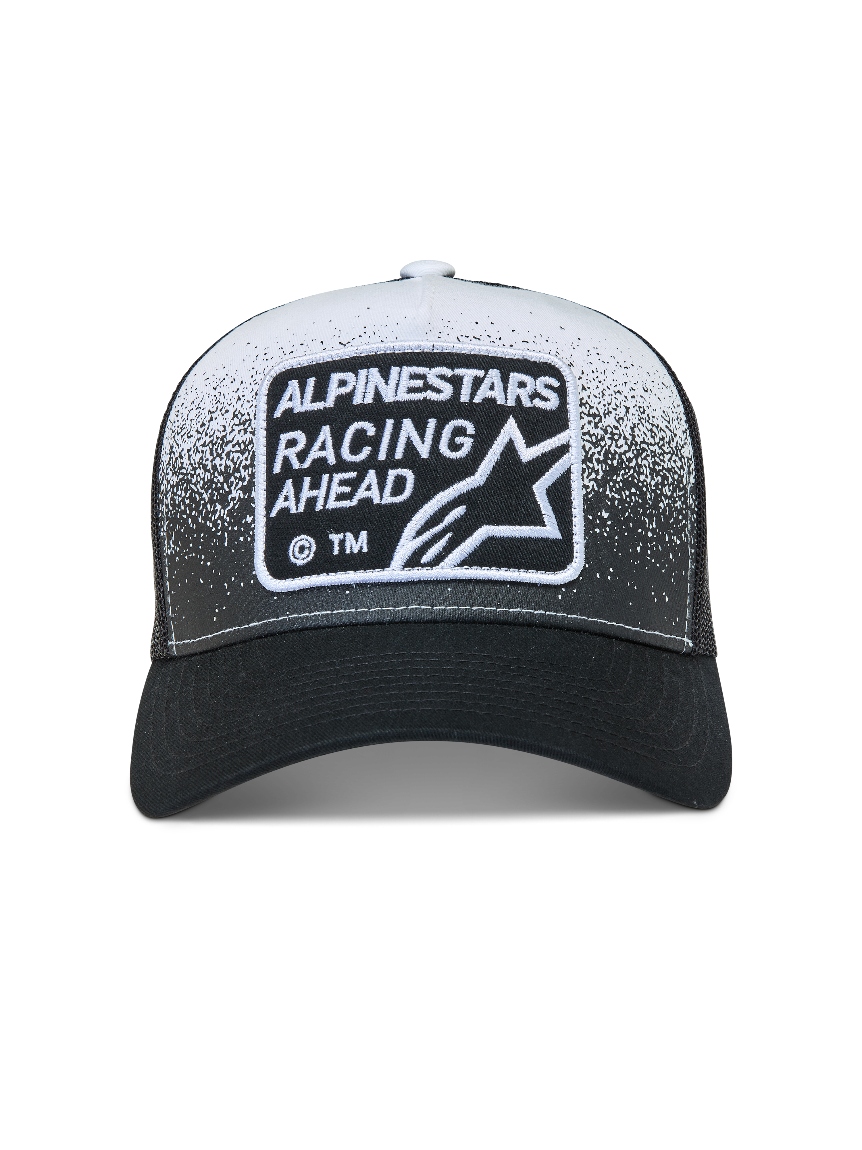 Alpinestars Gravel, gorra tipo trucker negra y blanca, visera curva, malla trasera y parche frontal tejido con textura de grava