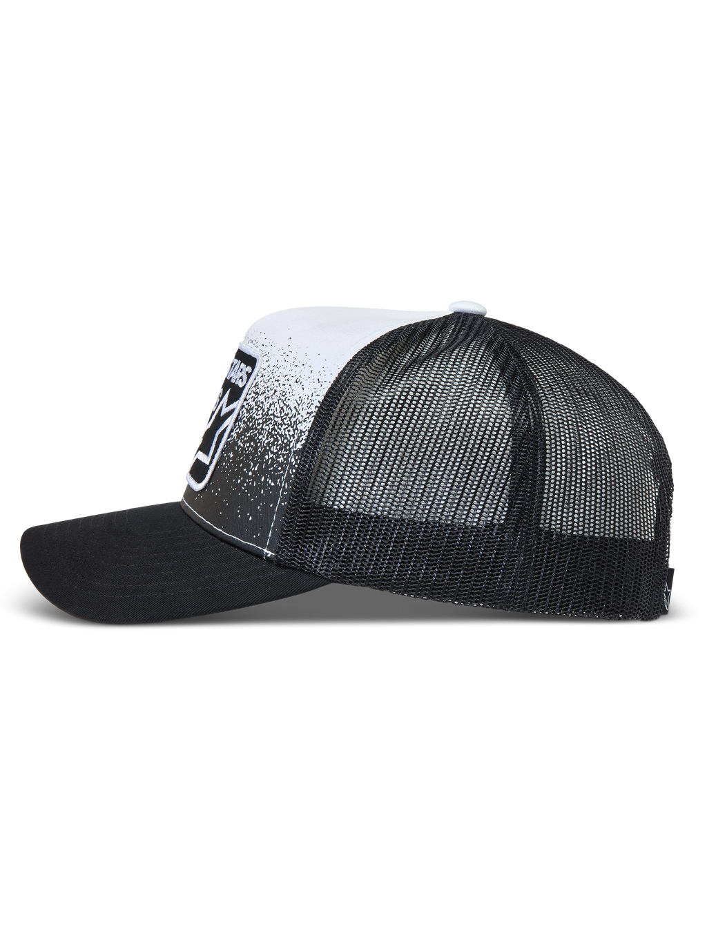 Alpinestars Gravel, gorra deportiva negra y blanca con malla trasera, visera curva y estampado de textura de grava.