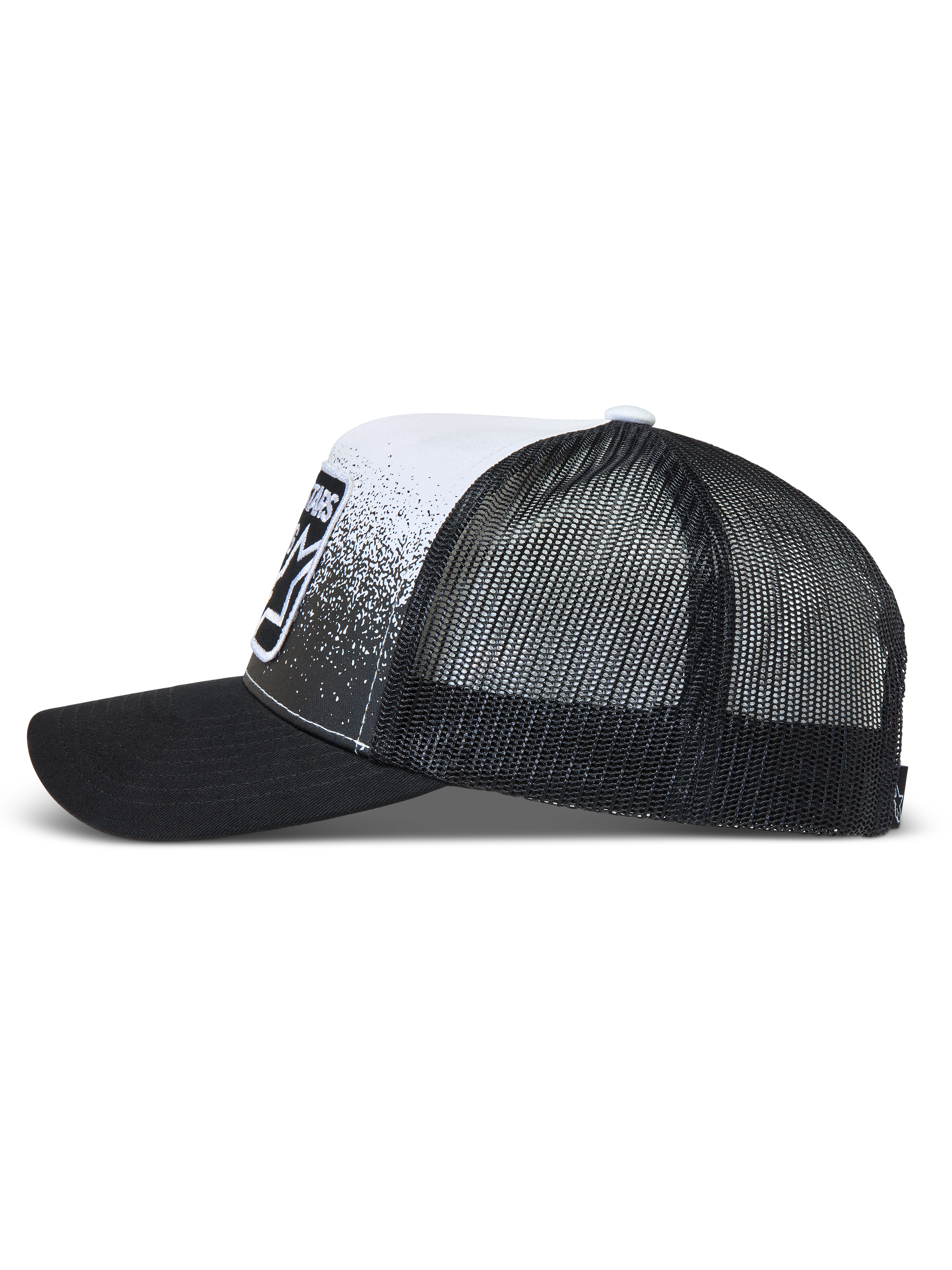 Alpinestars Gravel, gorra deportiva negra y blanca con malla trasera, visera curva y estampado de textura de grava.