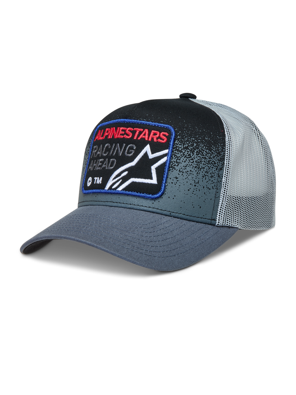 Alpinestars Gravel, gorra trucker gris y negra con malla trasera, visera curva y parche frontal de carreras