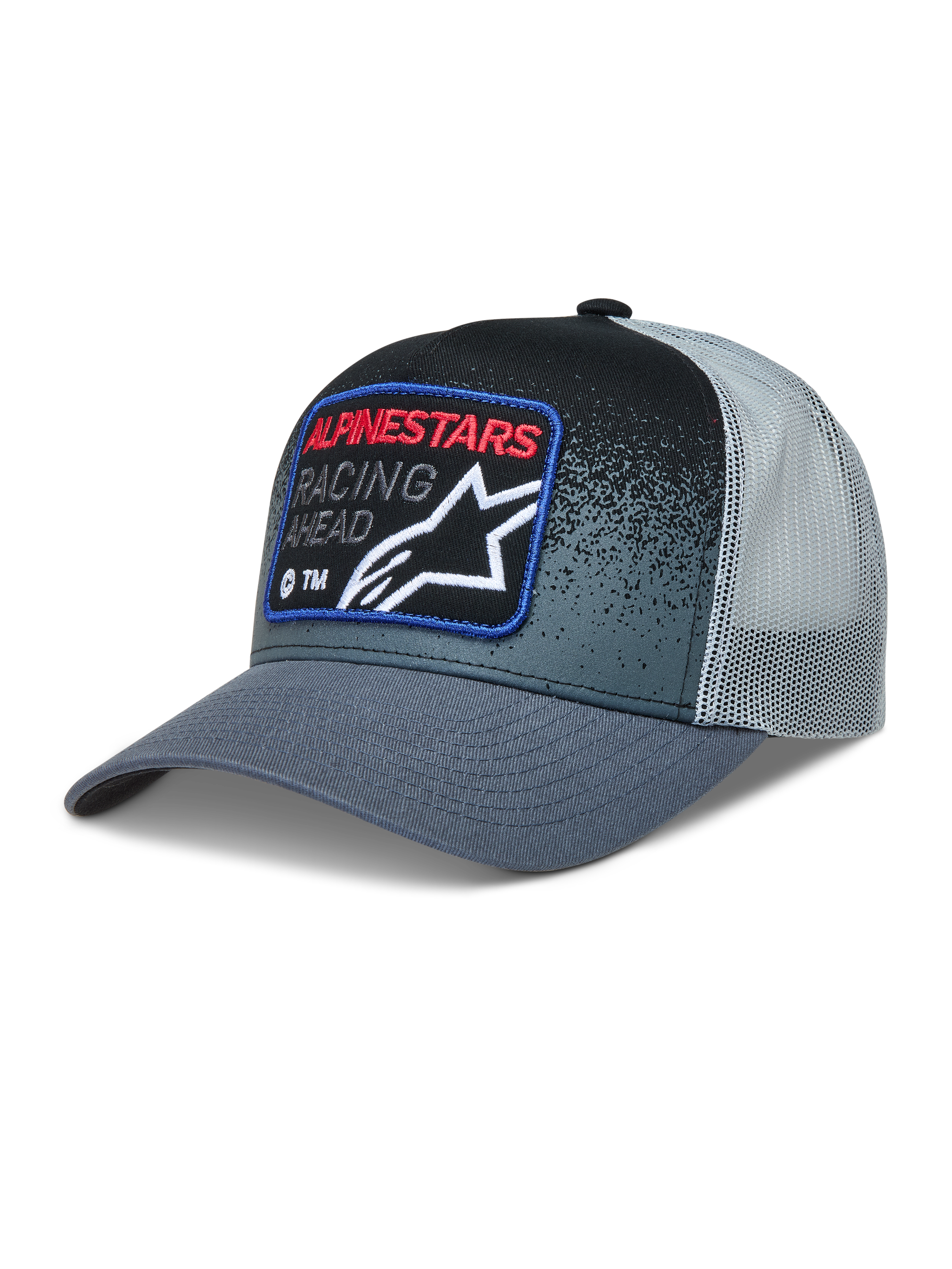 Alpinestars Gravel, gorra trucker gris y negra con malla trasera, visera curva y parche frontal de carreras