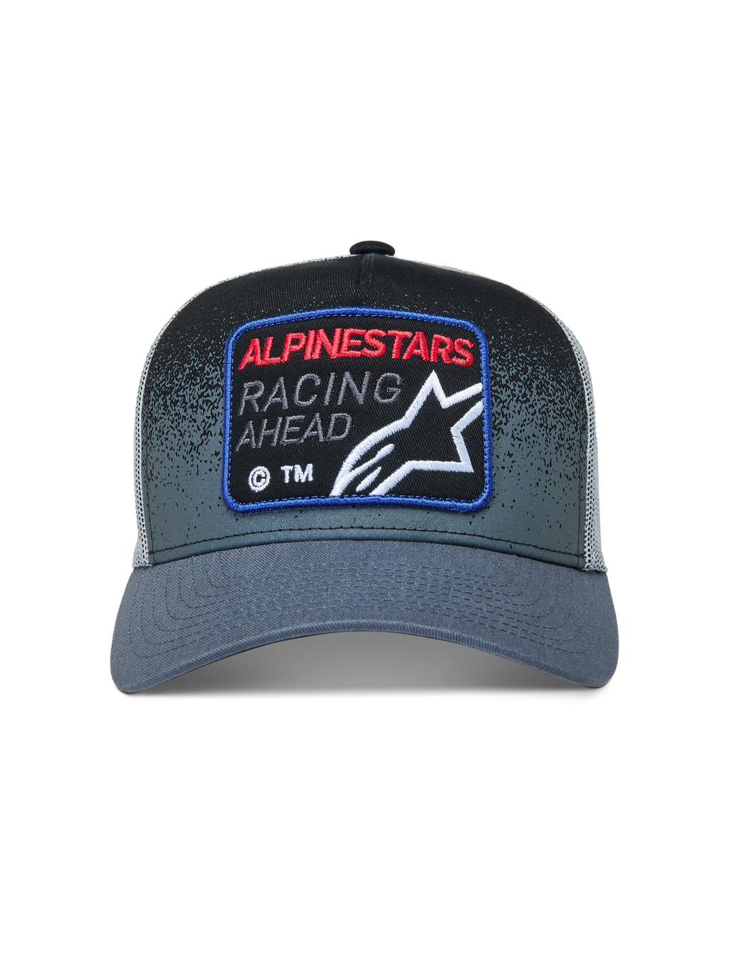 Alpinestars Gravel, gorra gris oscuro y negra con parche frontal de carreras y parte trasera de malla de rejilla