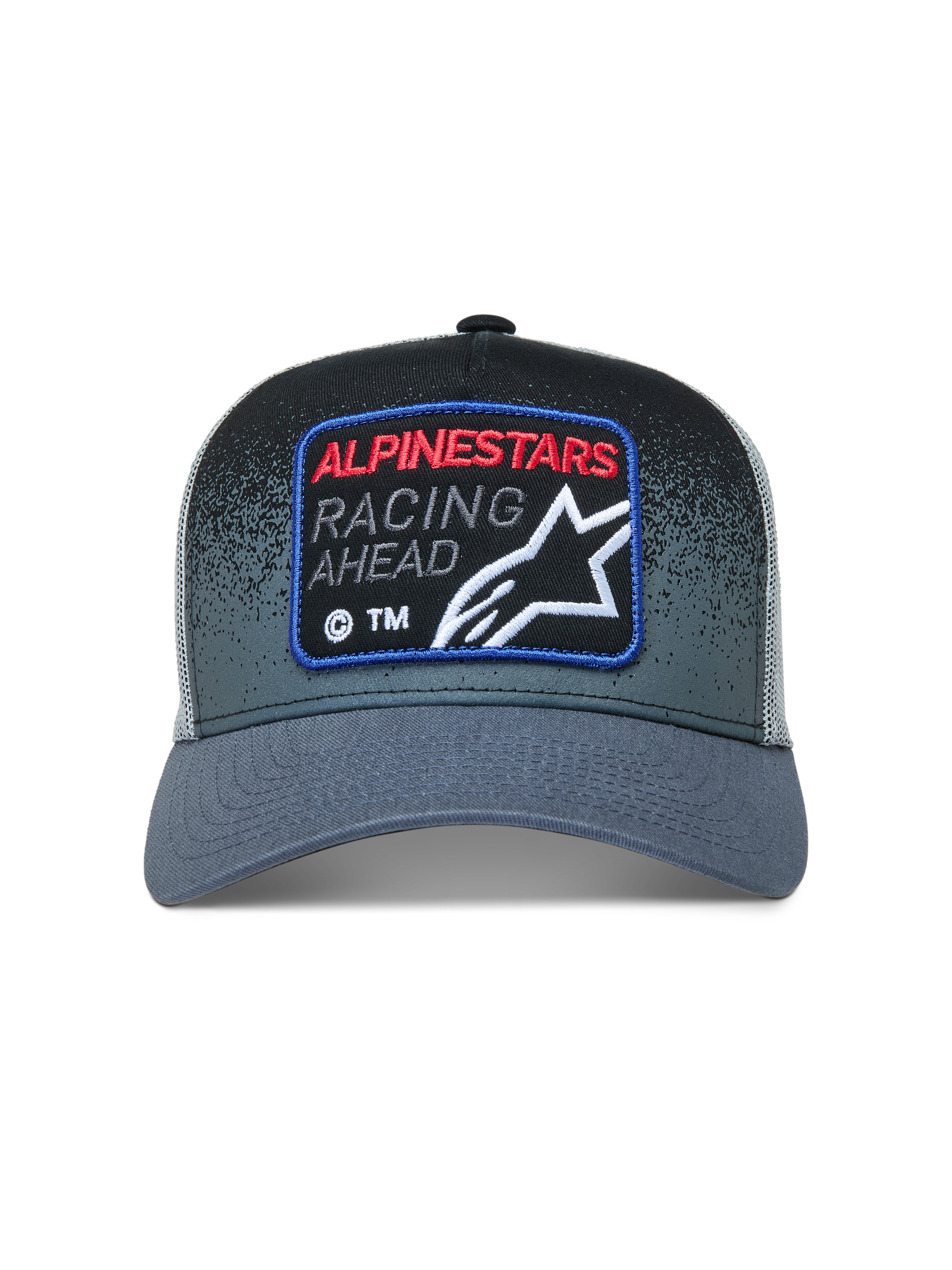 Alpinestars Gravel, gorra gris oscuro y negra con parche frontal de carreras y parte trasera de malla de rejilla