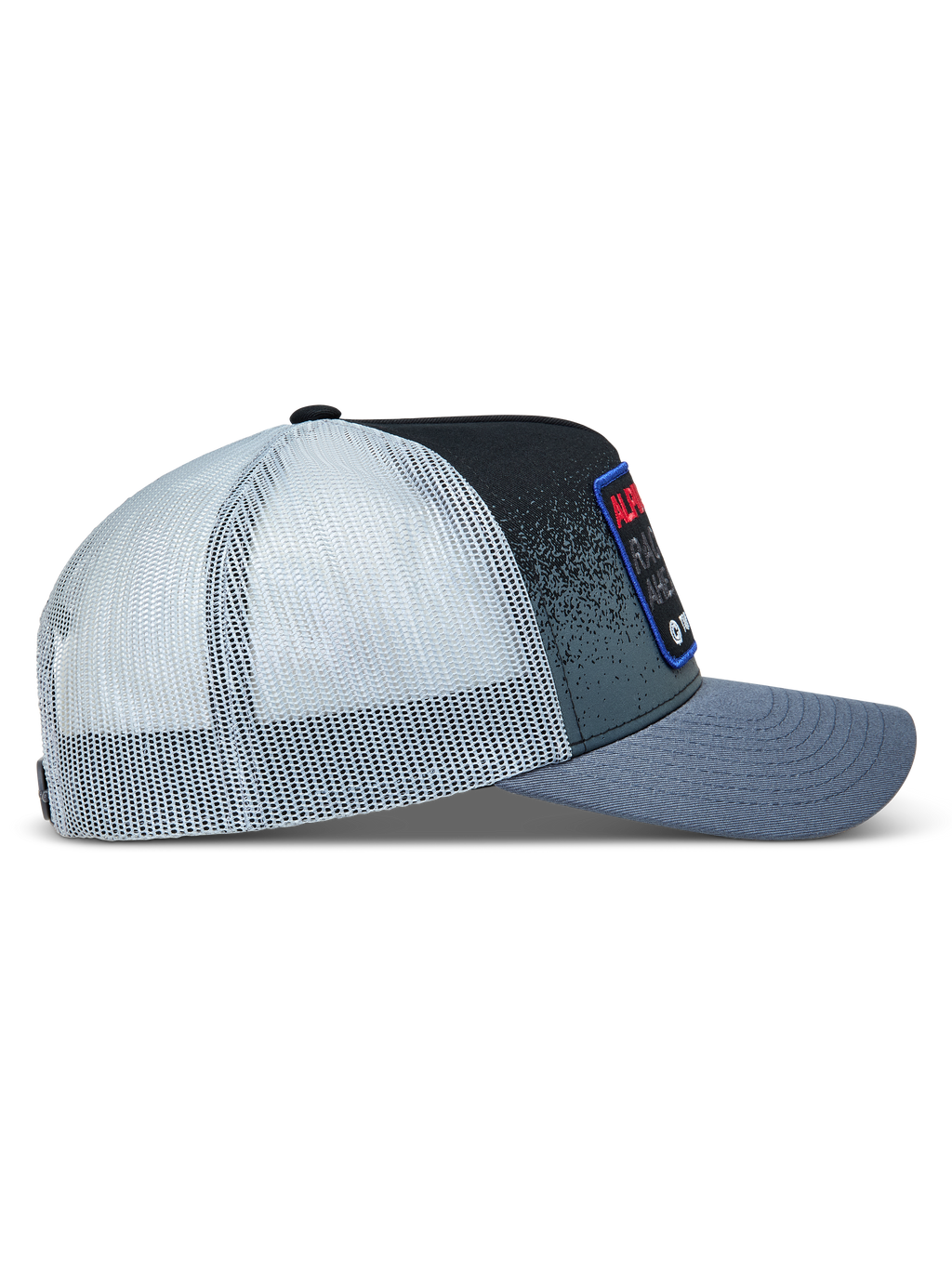 Alpinestars Gravel, gorra de estilo trucker gris y negra con malla blanca trasera y visera curva