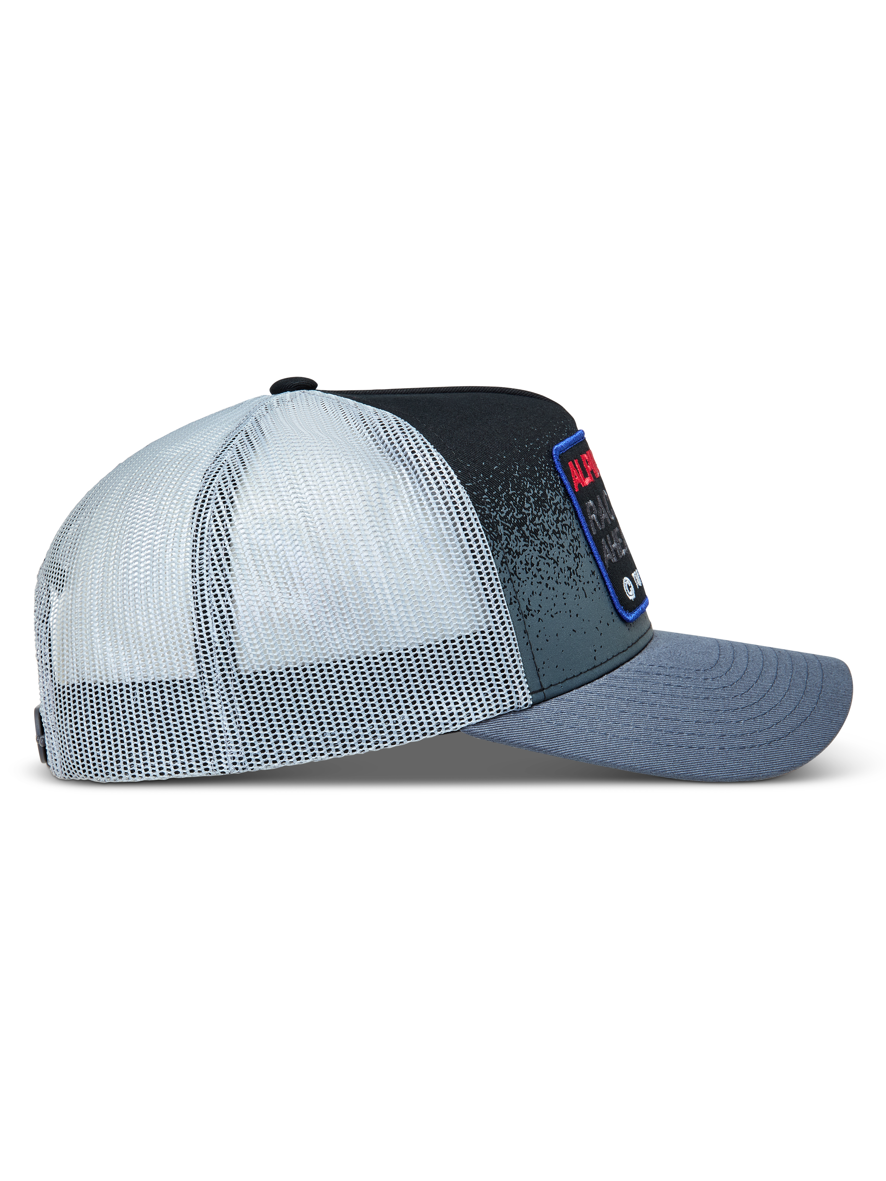 Alpinestars Gravel, gorra de estilo trucker gris y negra con malla blanca trasera y visera curva