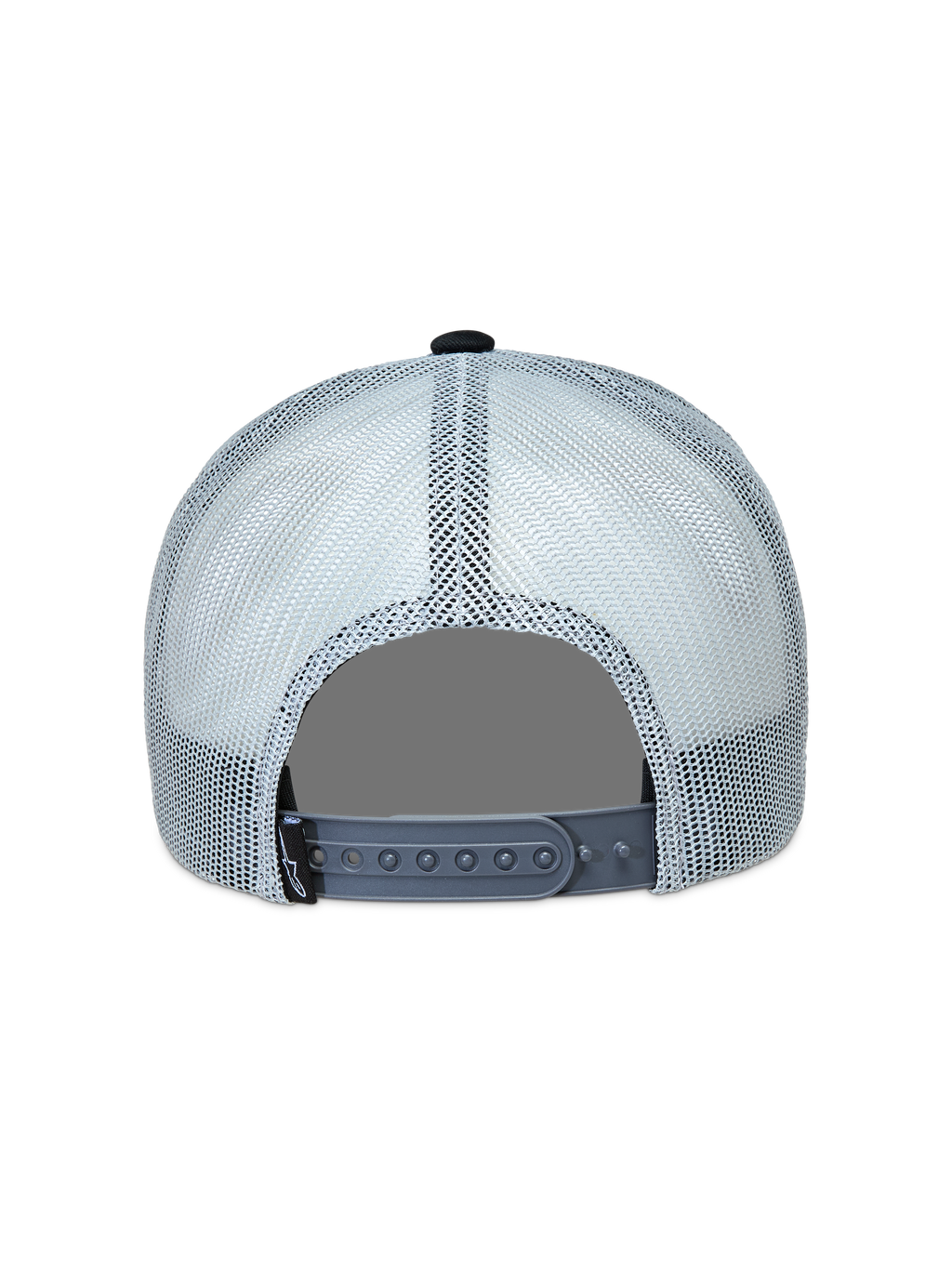Alpinestars Gravel Gorra, estilo trucker gris y negra, vista trasera con malla transpirable y cierre de presión ajustable