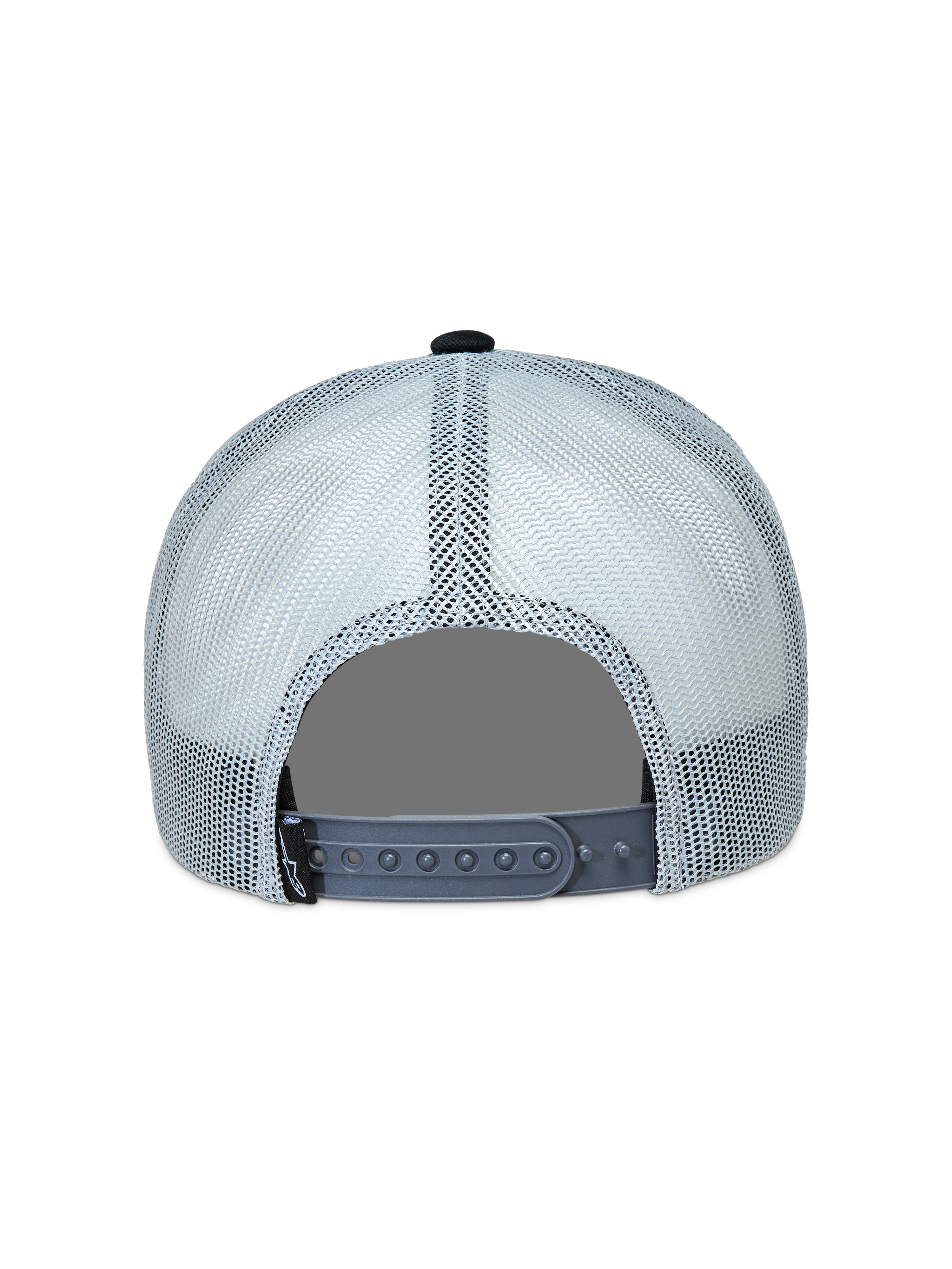 Alpinestars Gravel Gorra, estilo trucker gris y negra, vista trasera con malla transpirable y cierre de presión ajustable
