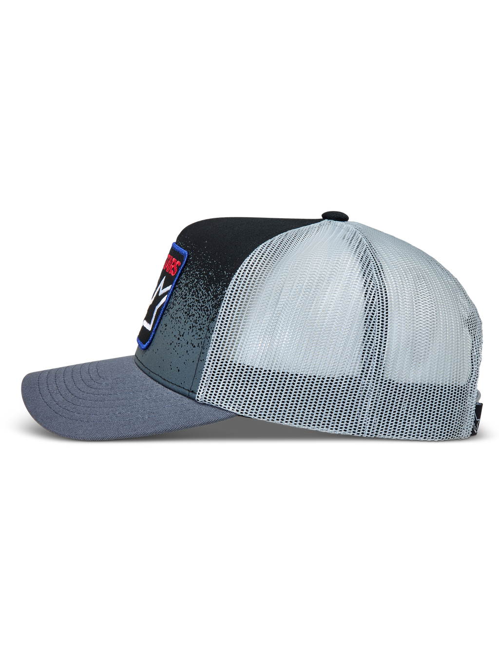 Alpinestars Gravel gorra con visera, gorra de estilo trucker gris y negra con malla blanca y estampado de textura de grava.
