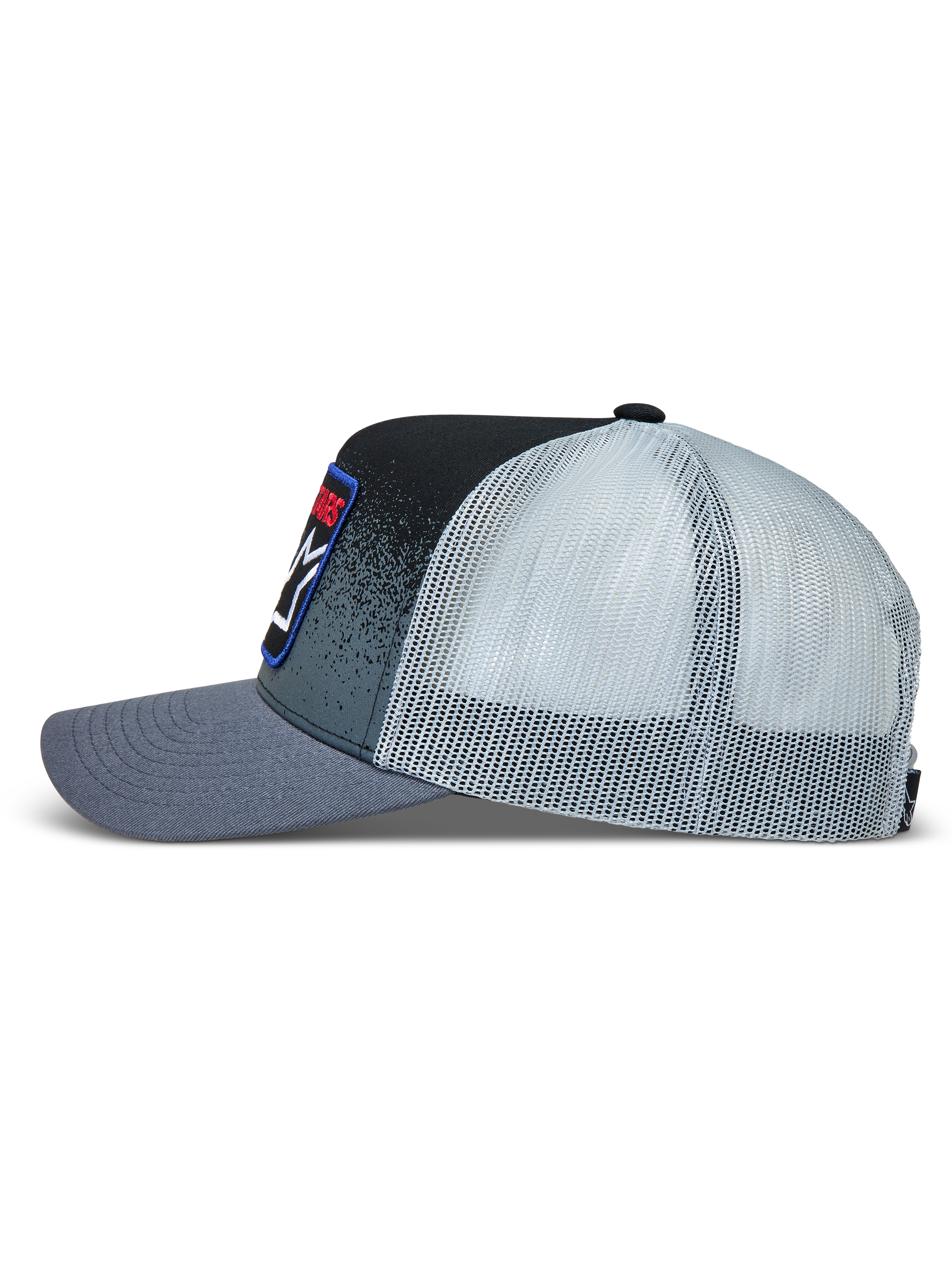 Alpinestars Gravel gorra con visera, gorra de estilo trucker gris y negra con malla blanca y estampado de textura de grava.