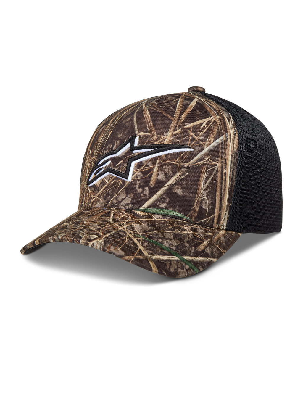 Alpinestars Thicket Realtree, gorra estilo trucker, camuflaje y negro, con logo Astars bordado, visera curva y malla trasera transpirable para ropa deportiva.