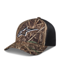 Alpinestars Thicket Realtree, gorra estilo trucker, camuflaje y negro, con logo Astars bordado, visera curva y malla trasera transpirable para ropa deportiva.