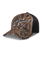 Alpinestars Thicket Realtree, gorra estilo trucker, camuflaje y negro, con logo Astars bordado, visera curva y malla trasera transpirable para ropa deportiva.