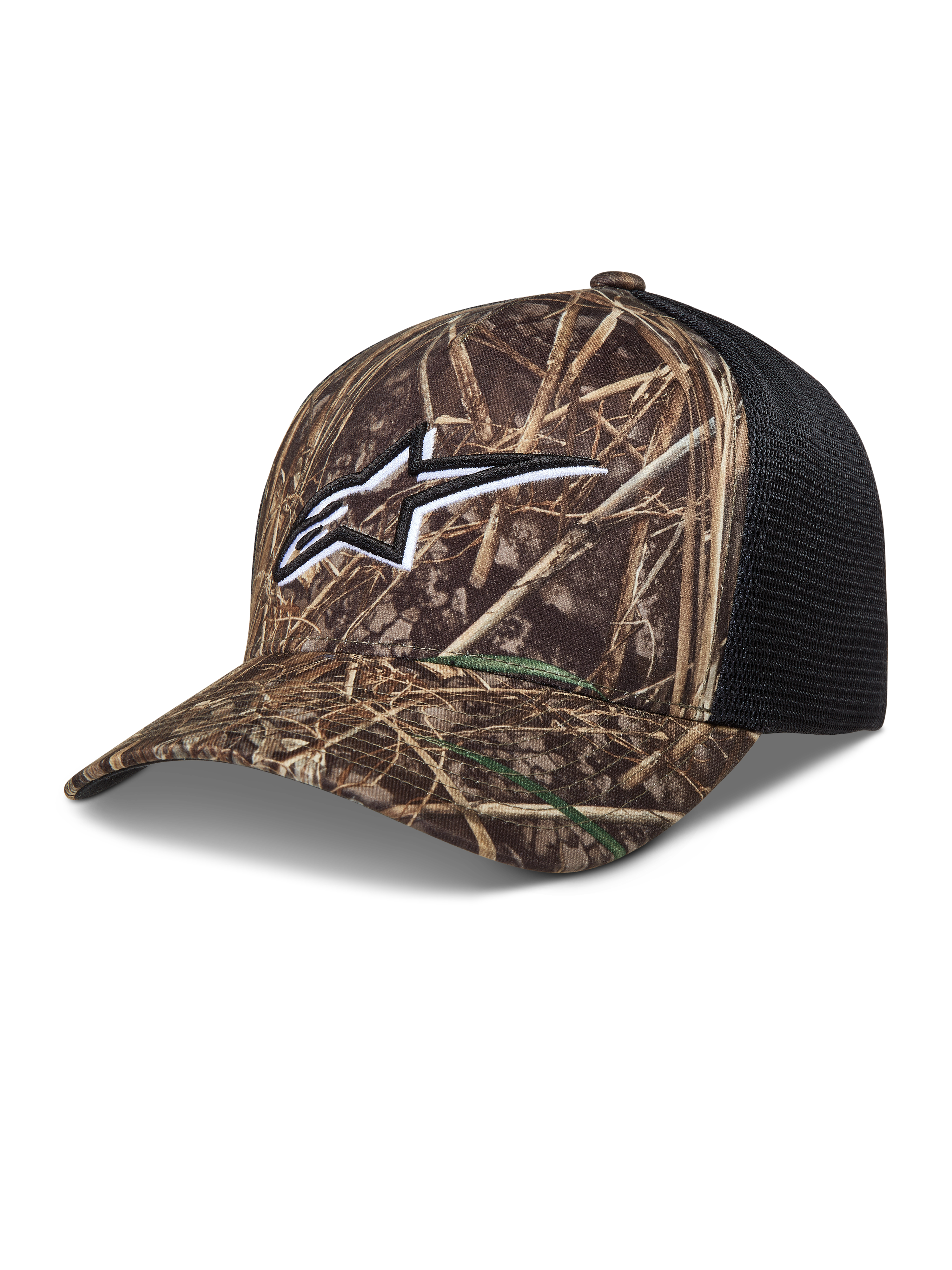 Alpinestars Thicket Realtree, gorra estilo trucker, camuflaje y negro, con logo Astars bordado, visera curva y malla trasera transpirable para ropa deportiva.
