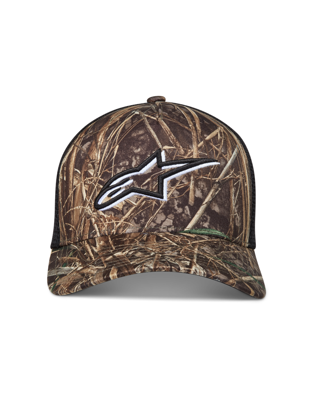 Alpinestars Thicket Realtree, gorra de camuflaje y negro con logotipo Astars blanco bordado y malla trasera