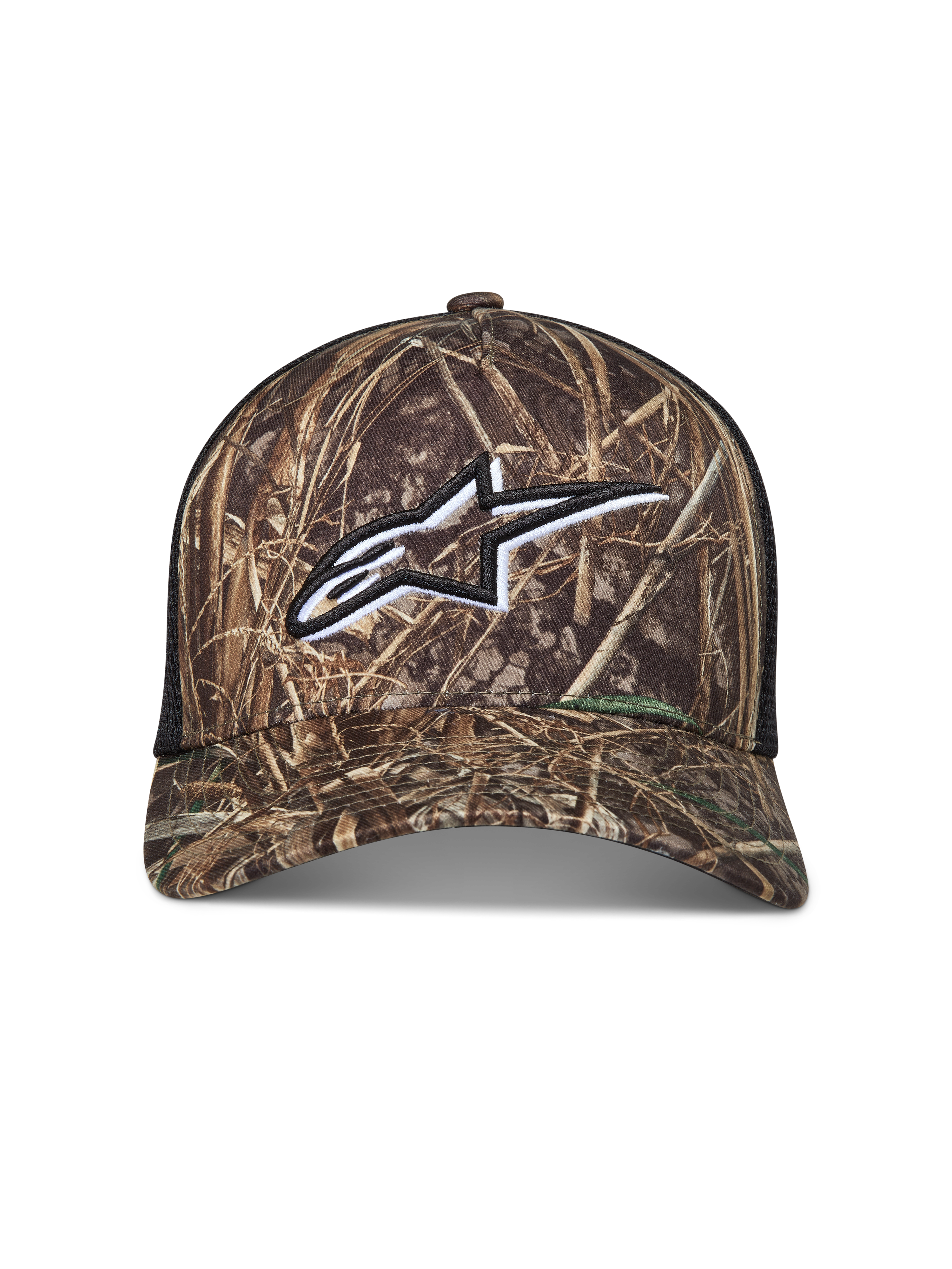 Alpinestars Thicket Realtree, gorra de camuflaje y negro con logotipo Astars blanco bordado y malla trasera