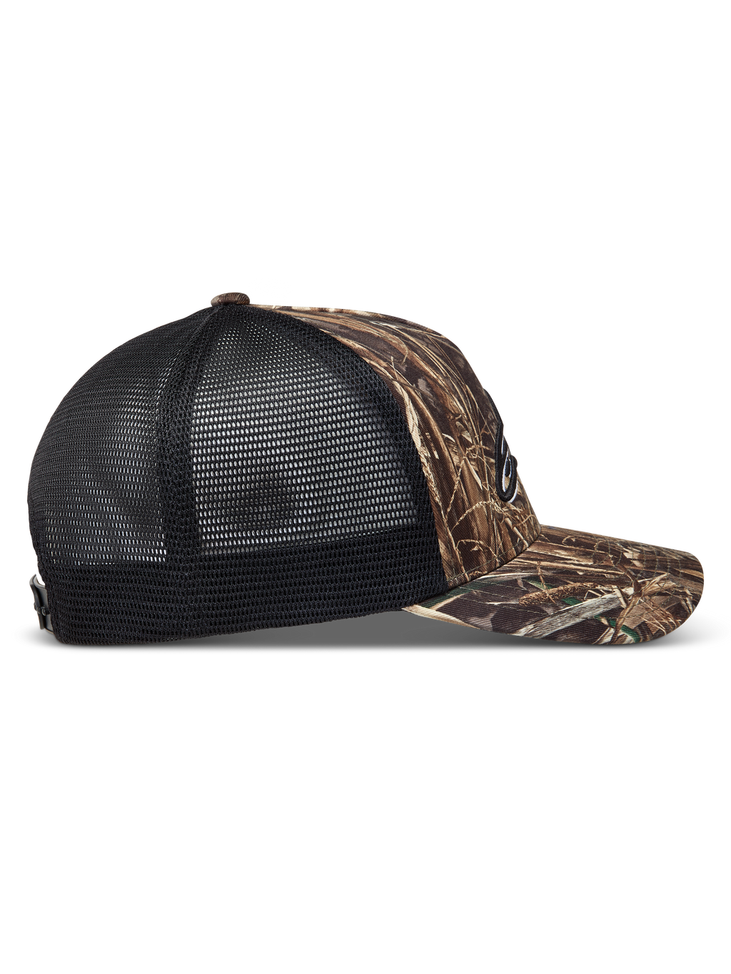 Alpinestars Thicket Realtree, gorra en camuflaje y negro con visera curva y malla trasera transpirable, vista lateral.