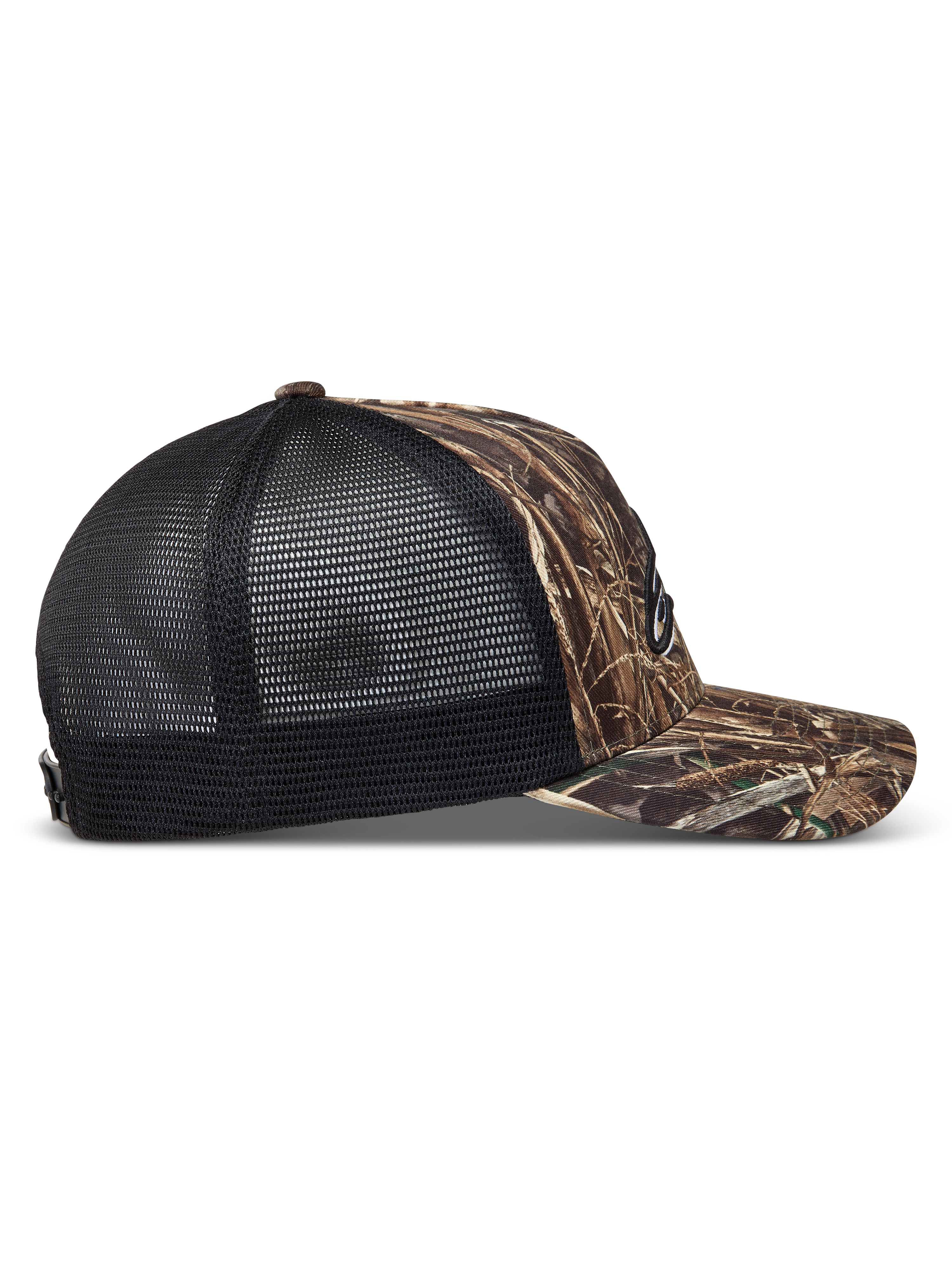 Alpinestars Thicket Realtree, gorra en camuflaje y negro con visera curva y malla trasera transpirable, vista lateral.
