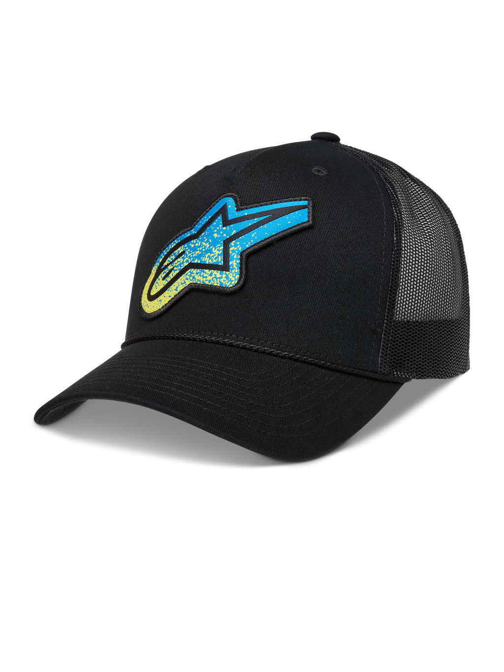 Alpinestars Meteorite Gorra, gorra negra de estilo trucker con malla trasera y logotipo Astars azul y amarillo con textura de grava