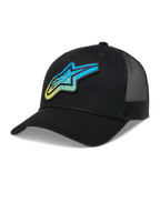 Alpinestars Meteorite Gorra, gorra negra de estilo trucker con malla trasera y logotipo Astars azul y amarillo con textura de grava