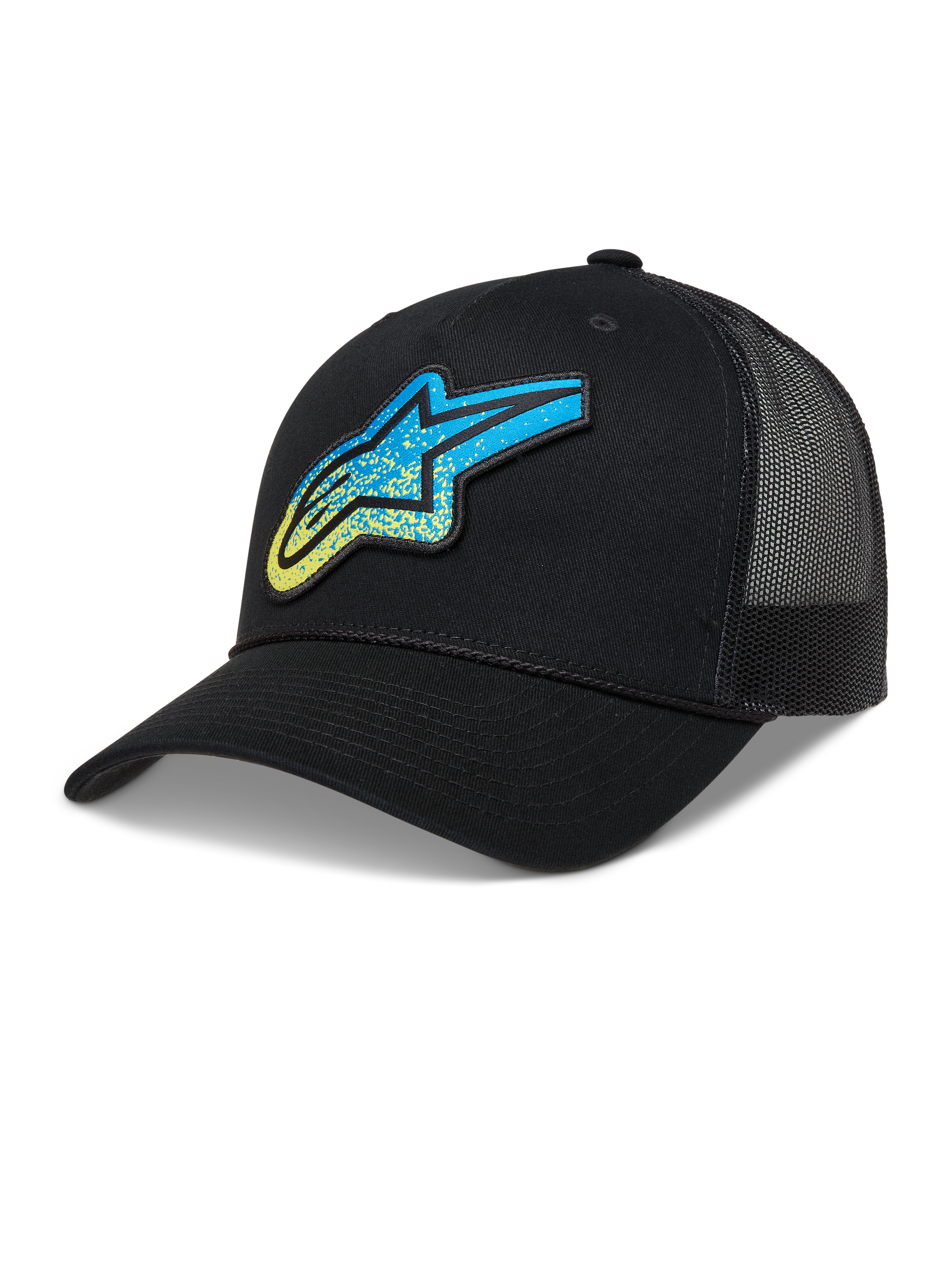 Alpinestars Meteorite Gorra, gorra negra de estilo trucker con malla trasera y logotipo Astars azul y amarillo con textura de grava