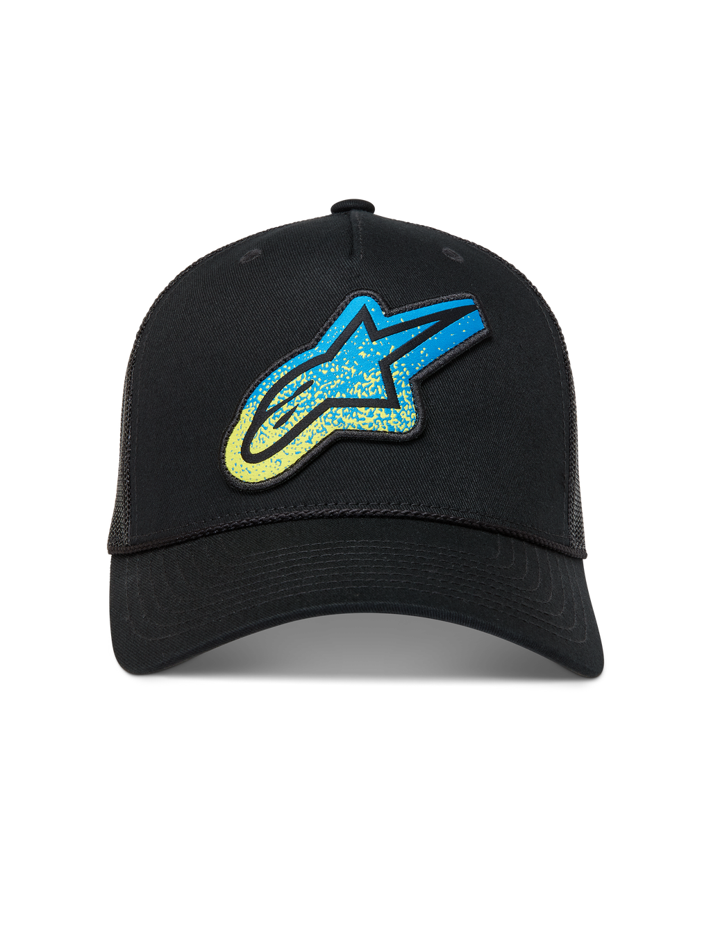 Alpinestars Meteorite, gorra negra de estilo trucker con malla trasera, visera curva y logotipo Astars azul y amarillo con textura de grava, ropa deportiva