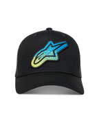 Alpinestars Meteorite, gorra negra de estilo trucker con malla trasera, visera curva y logotipo Astars azul y amarillo con textura de grava, ropa deportiva