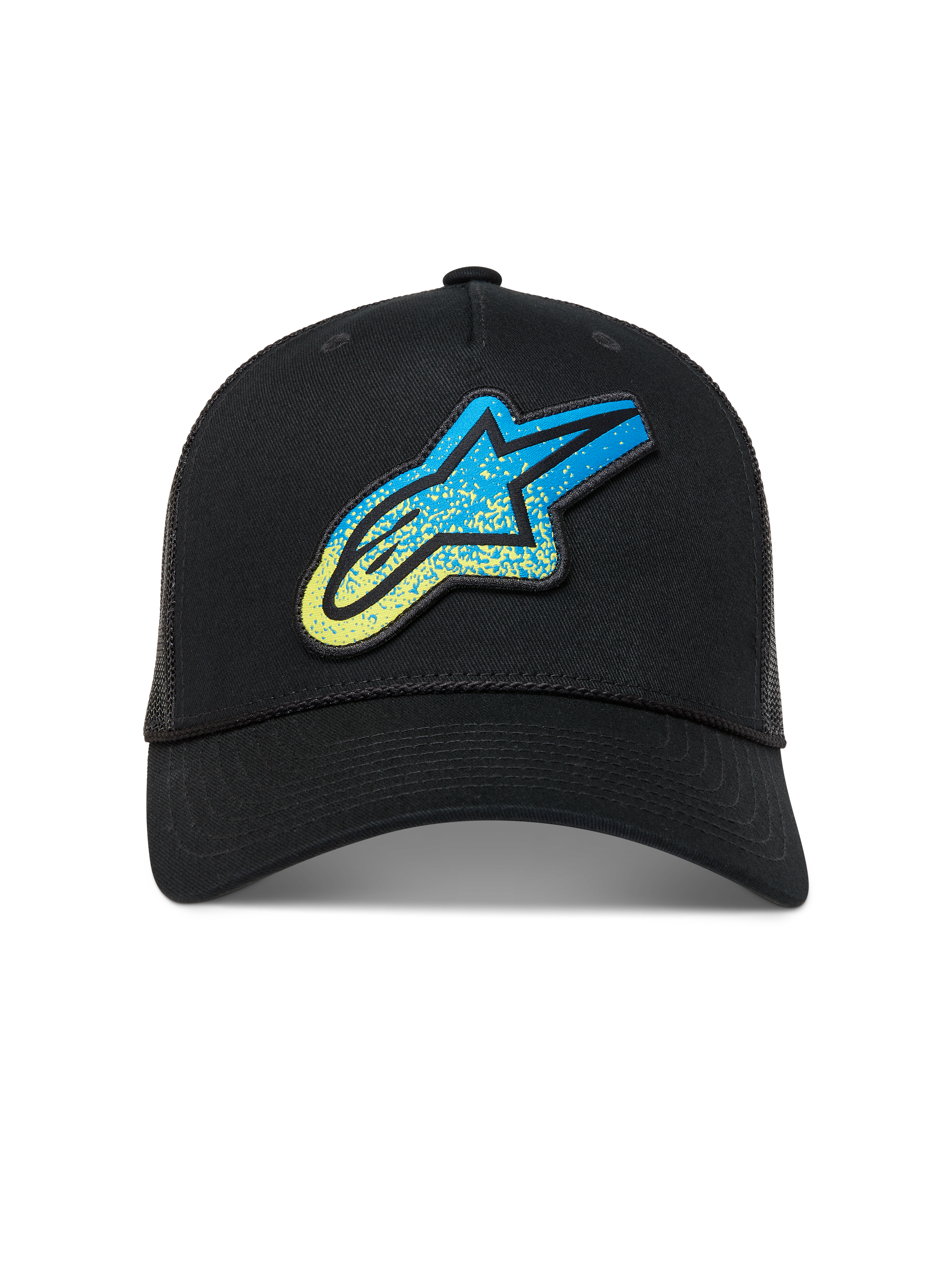 Alpinestars Meteorite, gorra negra de estilo trucker con malla trasera, visera curva y logotipo Astars azul y amarillo con textura de grava, ropa deportiva