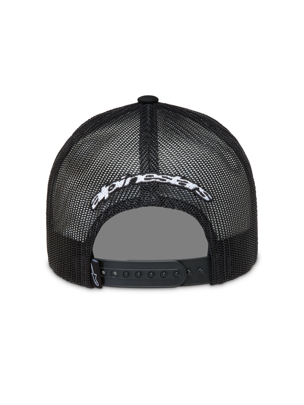 Alpinestars Meteorite, gorra negra de estilo trucker con malla, logotipo blanco bordado y cierre snapback ajustable