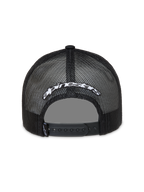 Alpinestars Meteorite, gorra negra de estilo trucker con malla, logotipo blanco bordado y cierre snapback ajustable