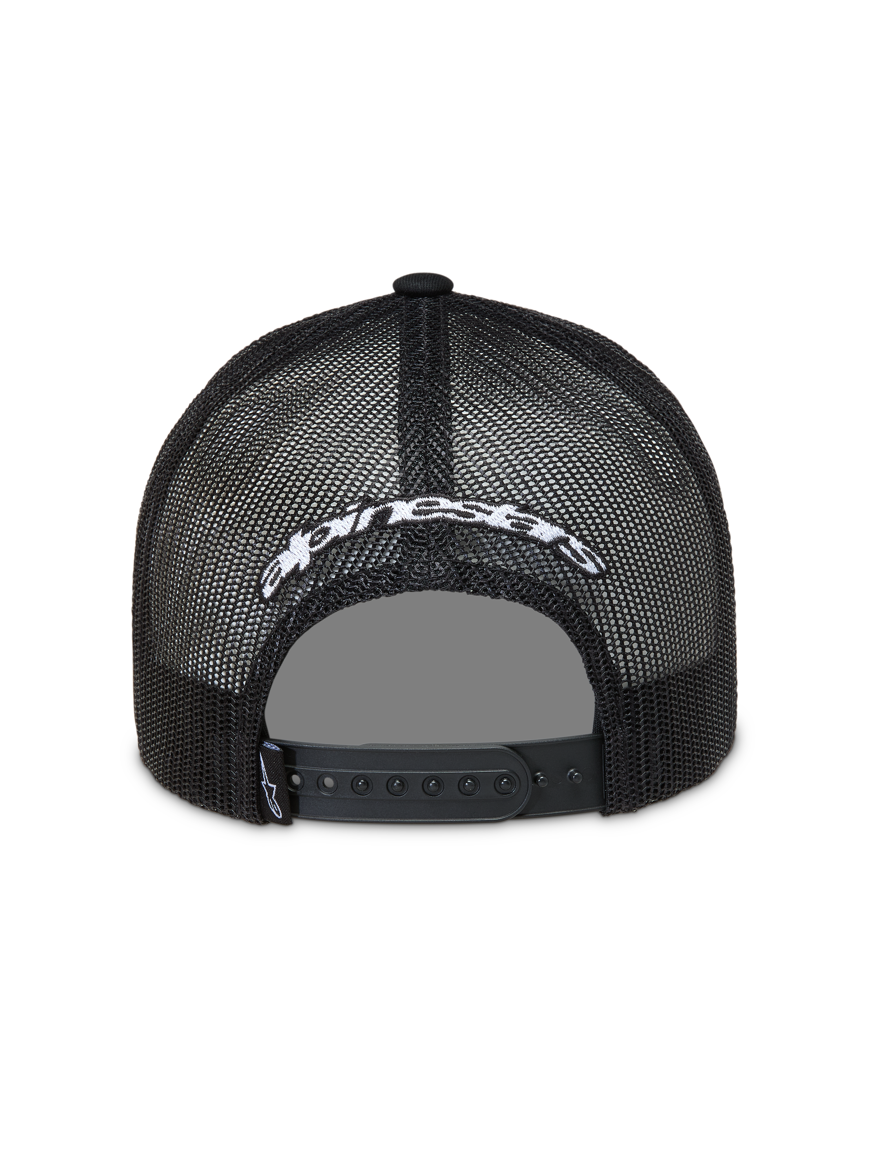 Alpinestars Meteorite, gorra negra de estilo trucker con malla, logotipo blanco bordado y cierre snapback ajustable