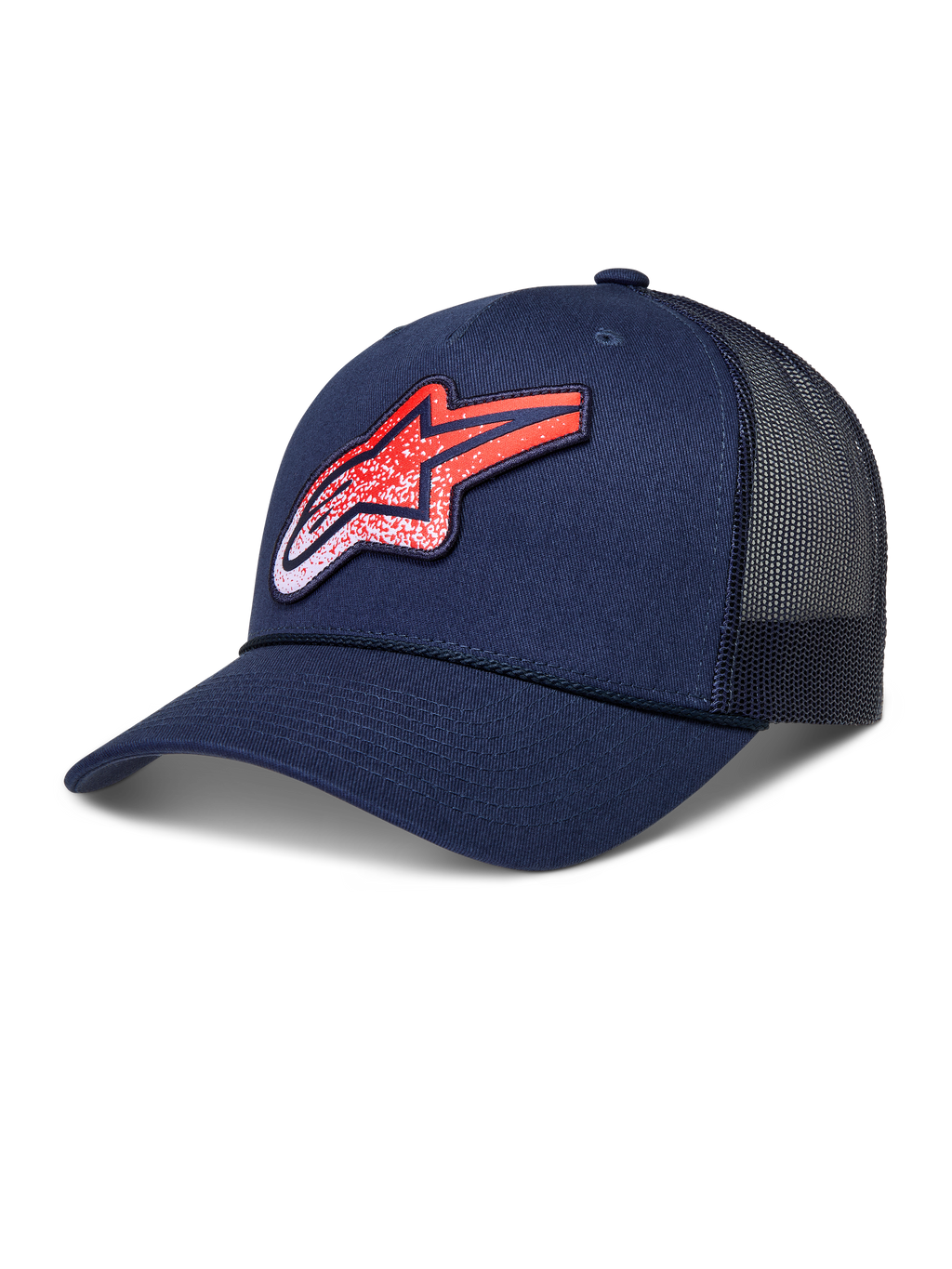 Alpinestars Meteorite, gorra tipo trucker de estilo de vida deportivo, azul marino y roja, con corona estructurada, visera curva, paneles de malla trasera transpirable y parche con el logotipo Astars texturizado