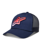 Alpinestars Meteorite, gorra tipo trucker de estilo de vida deportivo, azul marino y roja, con corona estructurada, visera curva, paneles de malla trasera transpirable y parche con el logotipo Astars texturizado