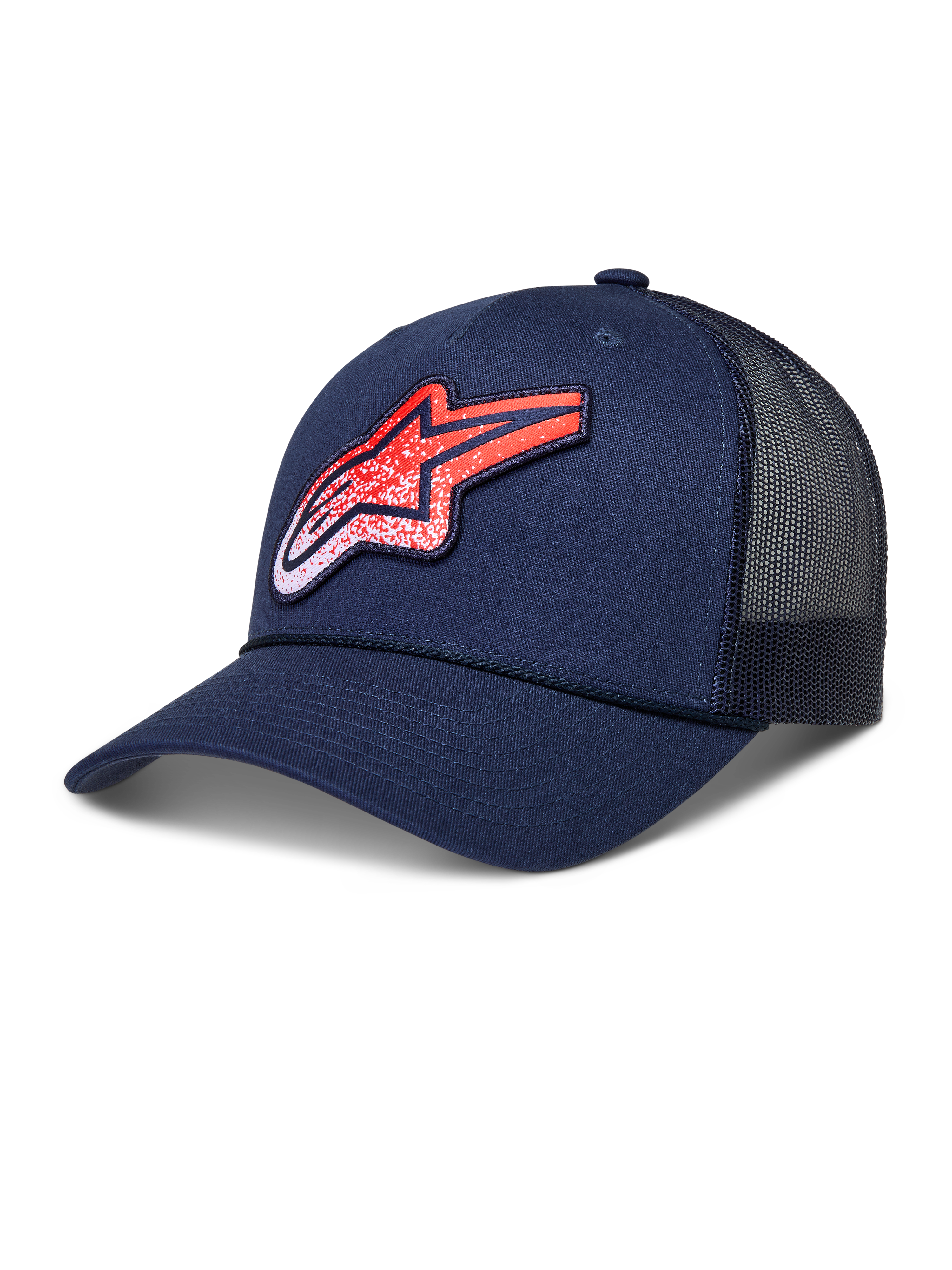 Alpinestars Meteorite, gorra tipo trucker de estilo de vida deportivo, azul marino y roja, con corona estructurada, visera curva, paneles de malla trasera transpirable y parche con el logotipo Astars texturizado