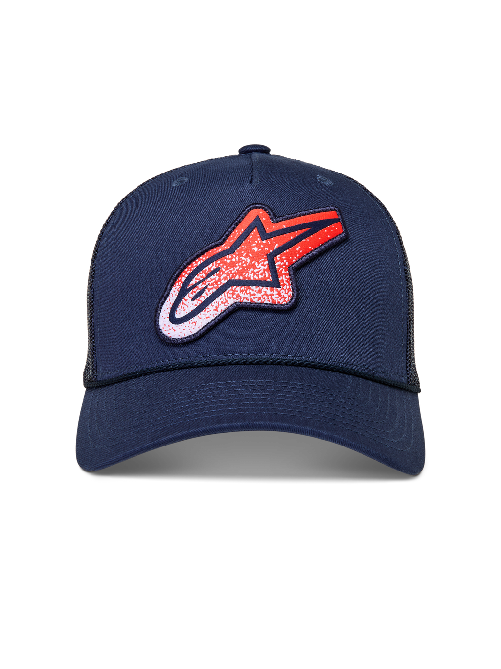 Alpinestars Meteorite Gorra, gorra de estilo trucker azul marino con visera curva, malla trasera y logotipo Astars rojo y blanco con textura de grava