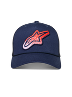 Alpinestars Meteorite Gorra, gorra de estilo trucker azul marino con visera curva, malla trasera y logotipo Astars rojo y blanco con textura de grava