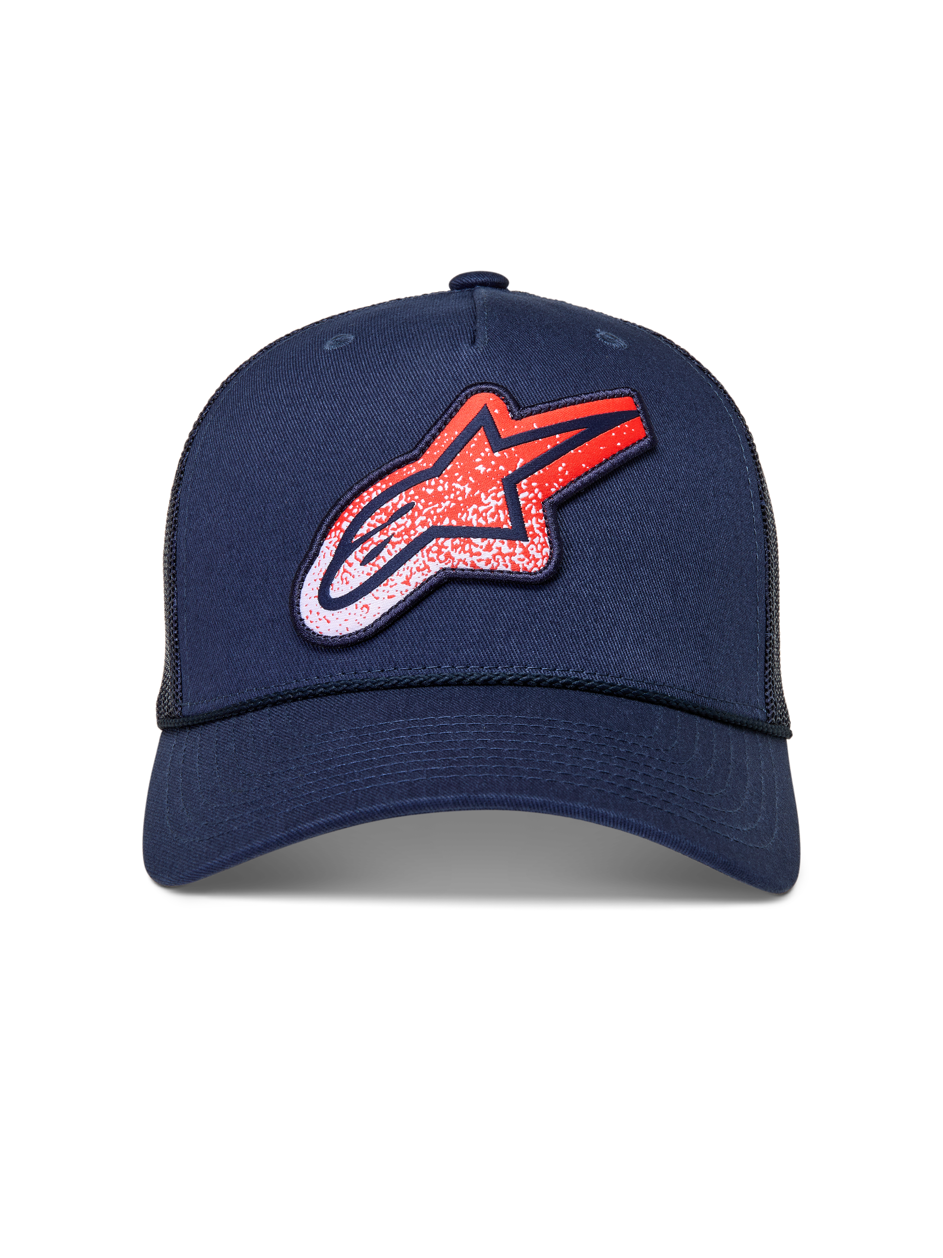 Alpinestars Meteorite Gorra, gorra de estilo trucker azul marino con visera curva, malla trasera y logotipo Astars rojo y blanco con textura de grava