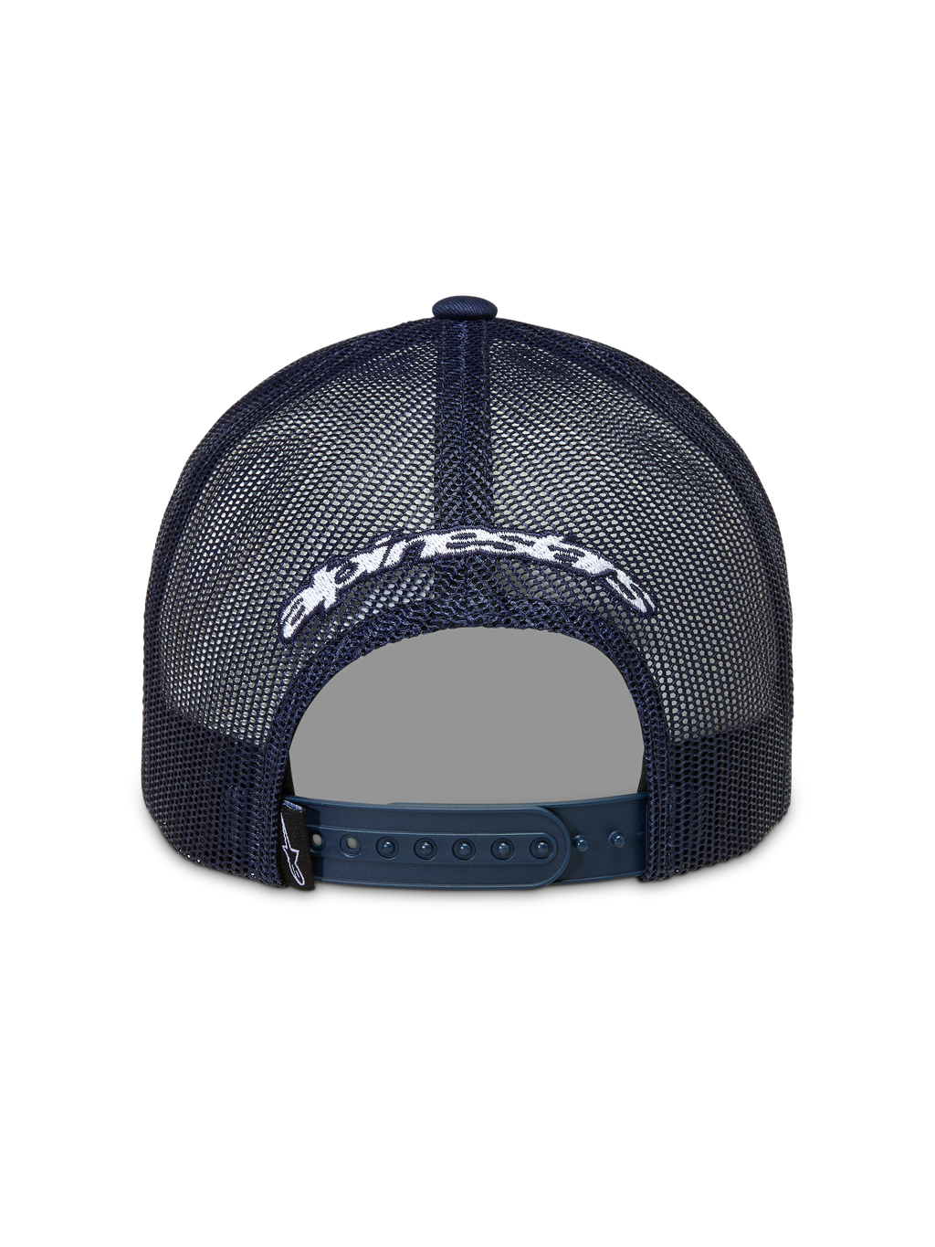 Alpinestars Meteorite Gorra, vista trasera de gorra trucker azul marino con malla, cierre snapback y logotipo blanco bordado