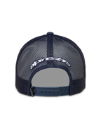 Alpinestars Meteorite Gorra, vista trasera de gorra trucker azul marino con malla, cierre snapback y logotipo blanco bordado