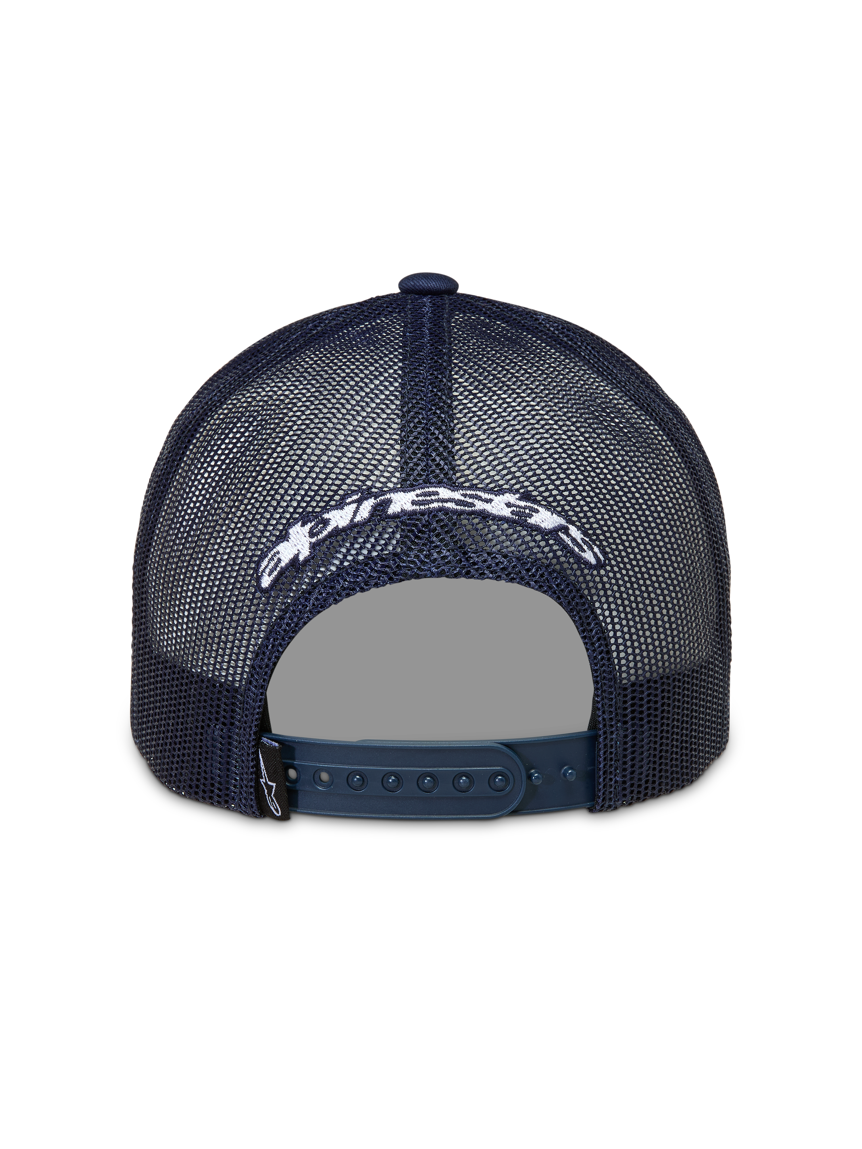 Alpinestars Meteorite Gorra, vista trasera de gorra trucker azul marino con malla, cierre snapback y logotipo blanco bordado