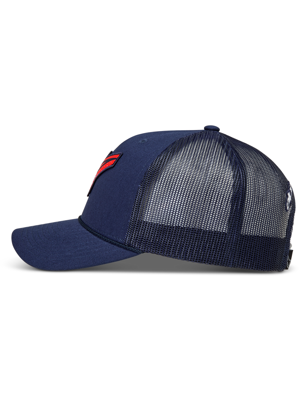 Alpinestars Meteorite, gorra de estilo trucker azul marino con malla trasera, visera curva y parche con logo rojo