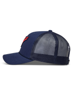 Alpinestars Meteorite, gorra de estilo trucker azul marino con malla trasera, visera curva y parche con logo rojo