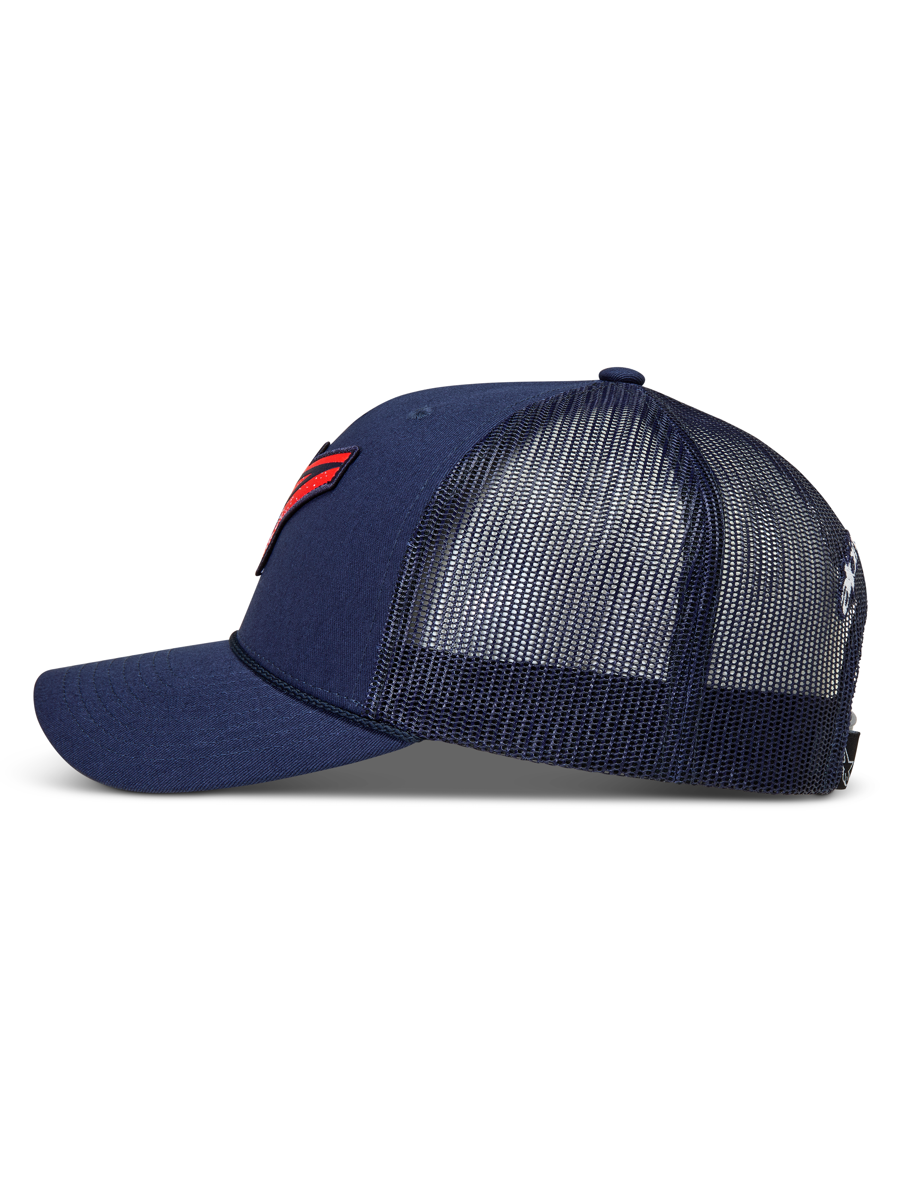 Alpinestars Meteorite, gorra de estilo trucker azul marino con malla trasera, visera curva y parche con logo rojo