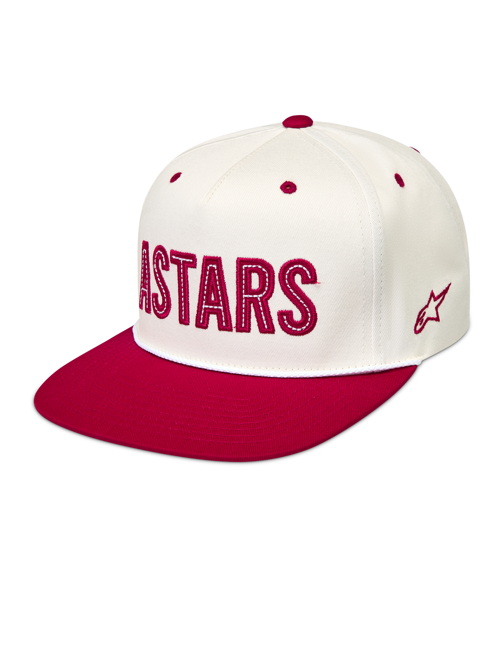 Alpinestars Stadium Snapback, gorra de sarga con visera plana y corona estructurada, blanco hueso y rojo, logotipo Astars frontal