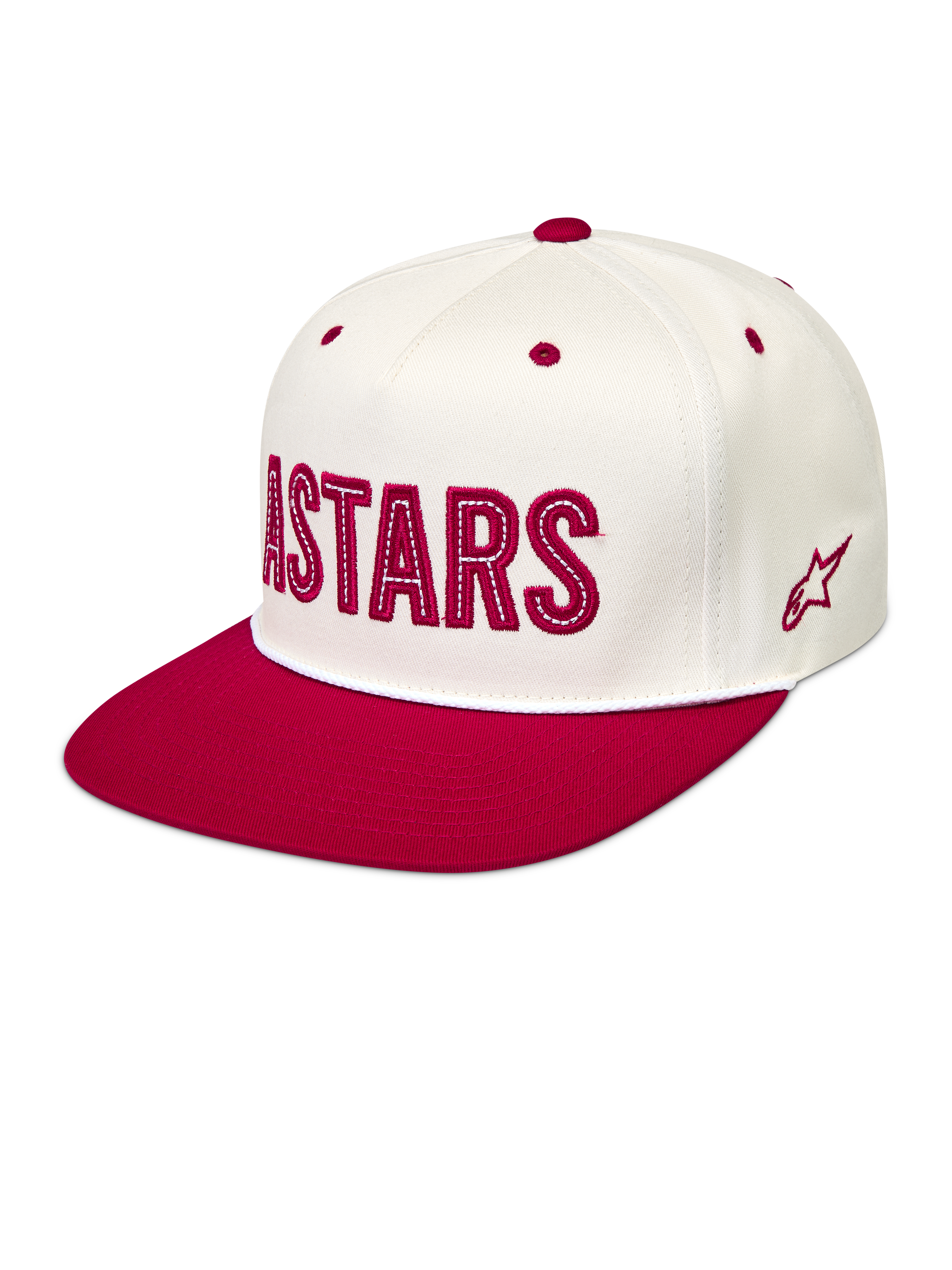Alpinestars Stadium Snapback, gorra de sarga con visera plana y corona estructurada, blanco hueso y rojo, logotipo Astars frontal