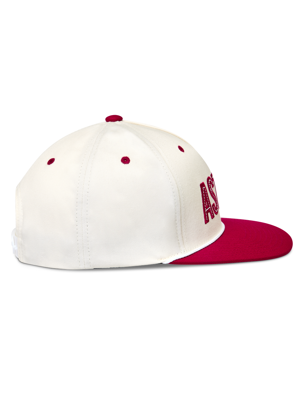 Alpinestars Stadium Snapback, gorra de visera plana y corona estructurada, blanca y roja, perfil lateral de sarga.