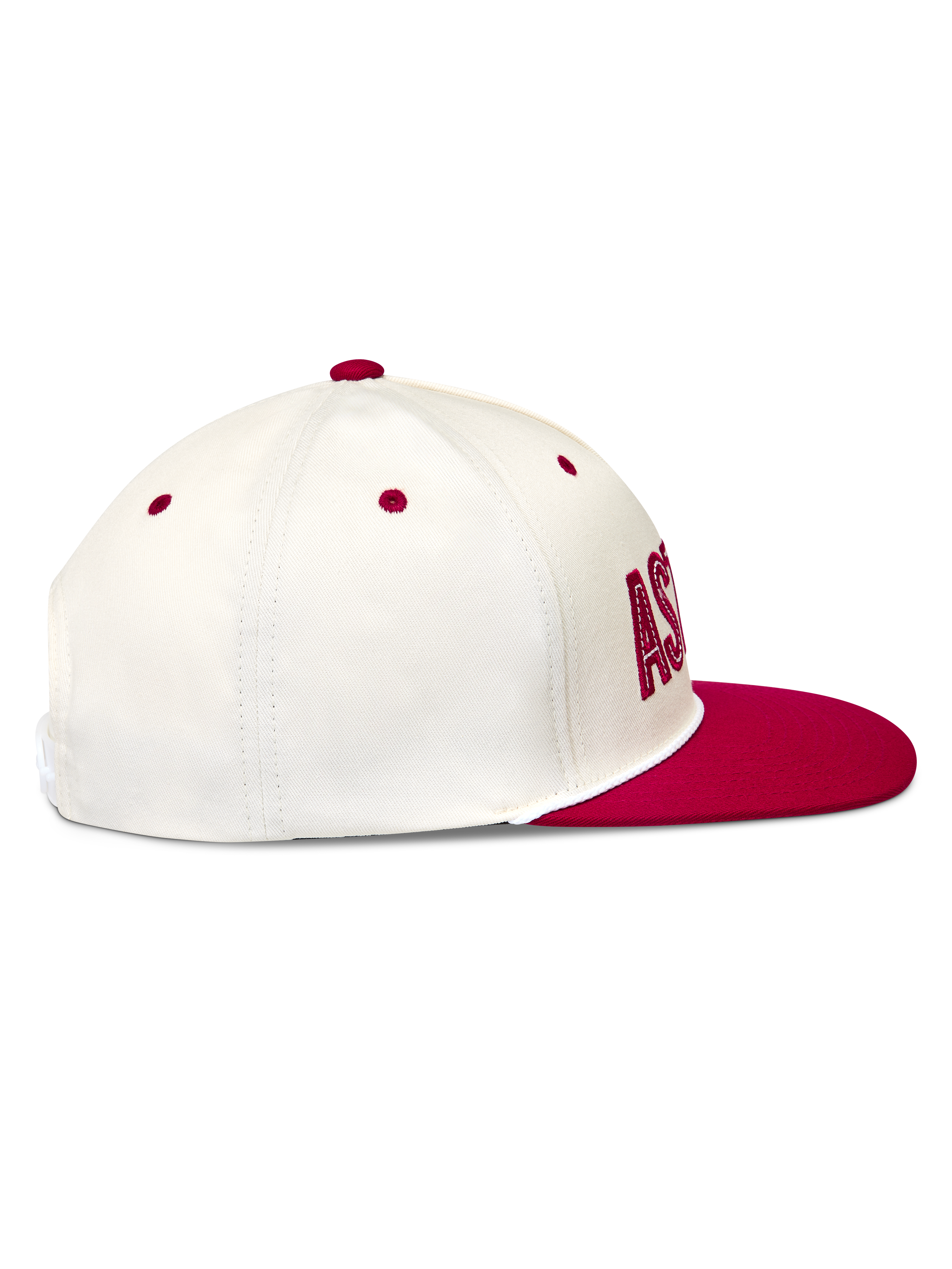 Alpinestars Stadium Snapback, gorra de visera plana y corona estructurada, blanca y roja, perfil lateral de sarga.