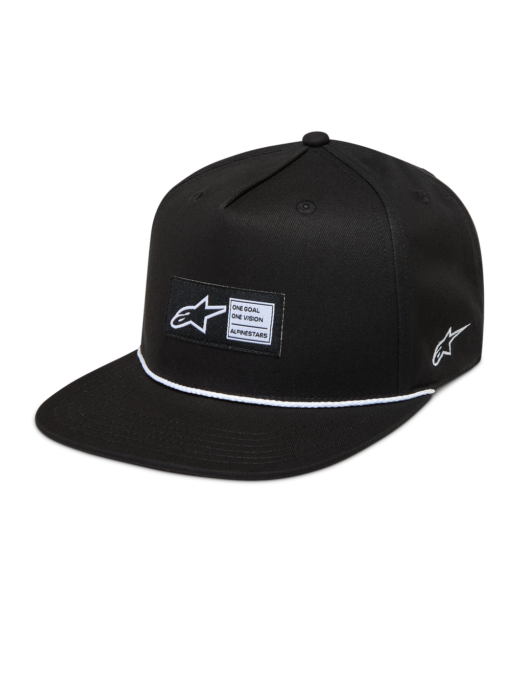 Alpinestars Label Snapback, gorra negra de visera plana con detalle de cordón blanco y parche frontal tejido.