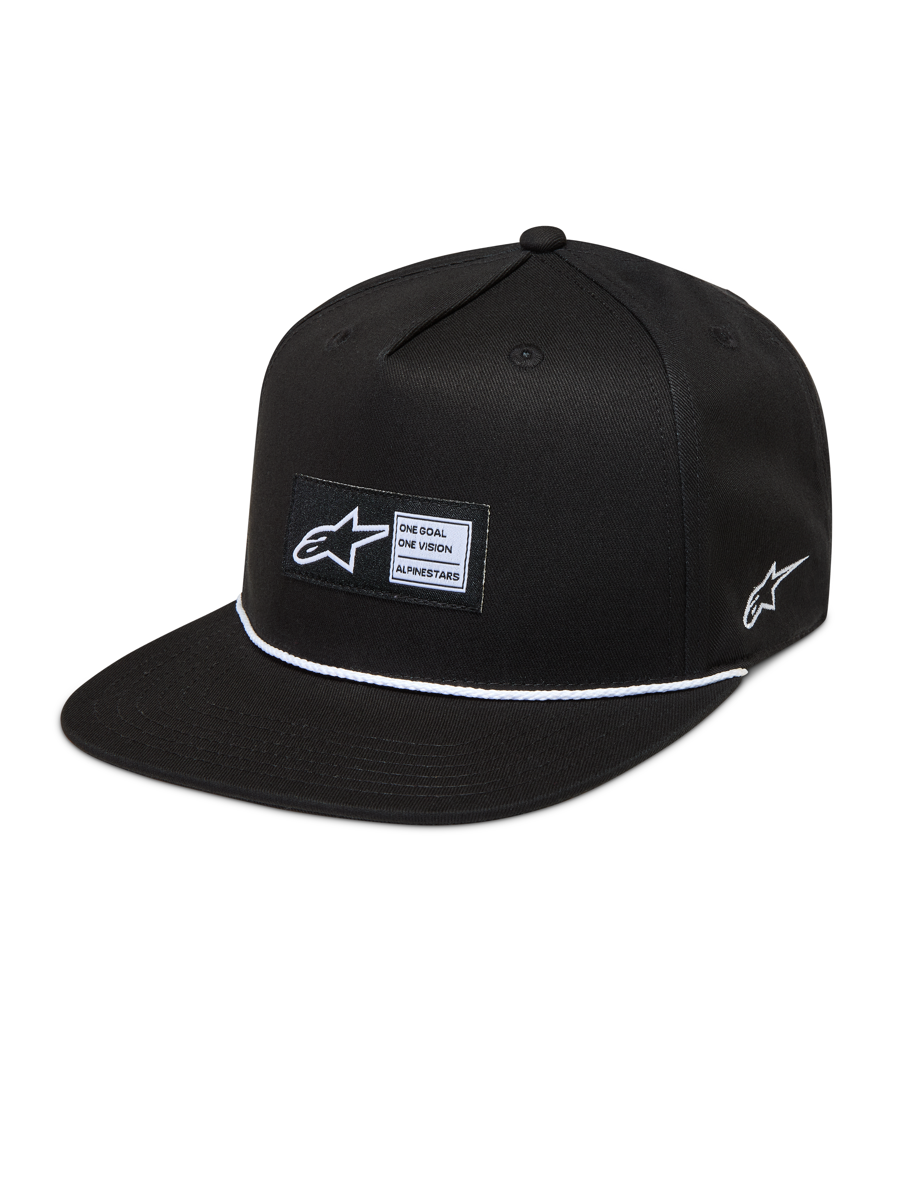 Alpinestars Label Snapback, gorra negra de visera plana con detalle de cordón blanco y parche frontal tejido.